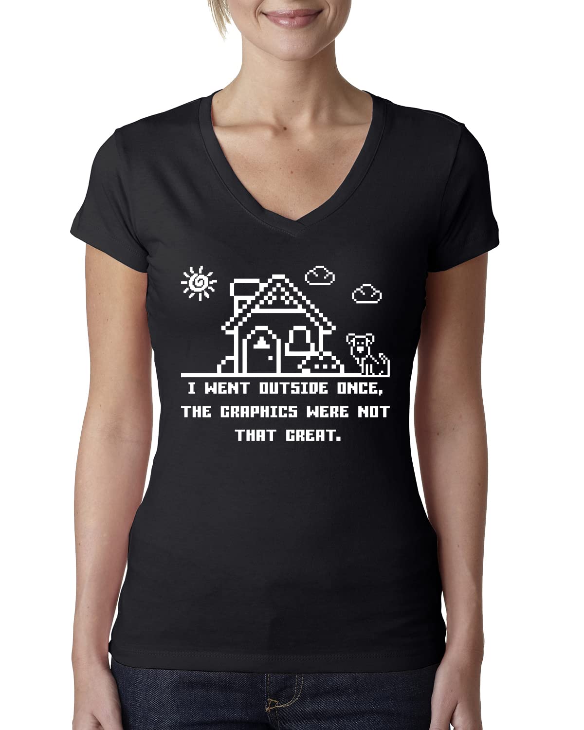 Funny Video Gamer Humor T-Shirt - 'I Went Outside Once s Weren't That Good' Wild Bobby Design | Women's Junior Fit V-Neck Tee for Gaming Events & Casual Wear