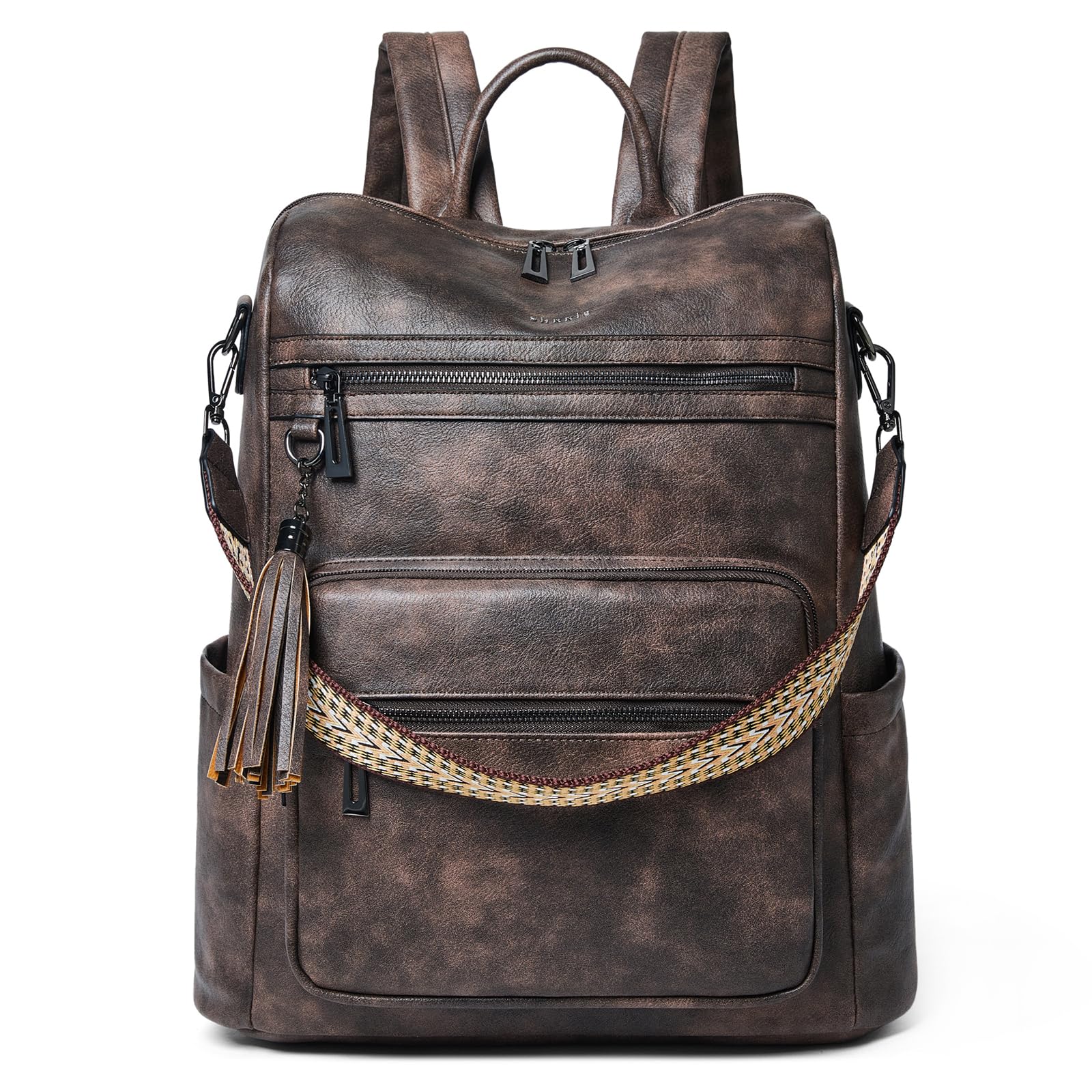 Shrrie 15.6 Inch Leather Laptop Backpack for Women - Large Water Resistant Travel Backpack Purse, Stylish Two-Toned Coffee Design for College, Work, and Everyday Use
