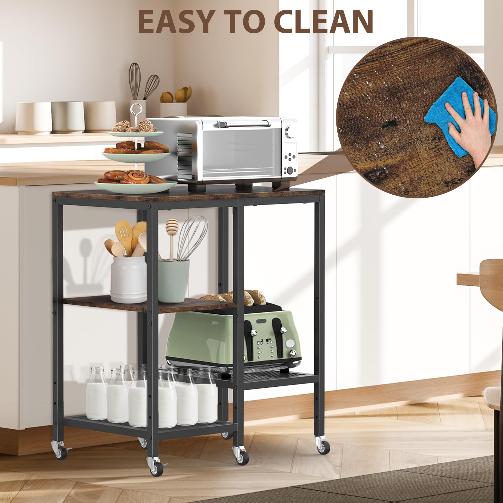 **4-Tier Rolling Microwave Cart with Wheels - Rustic Brown Kitchen Storage Shelf for Small Appliances, Coffee Bar Station & Baker's Rack | Perfect for Kitchen, Living Room & Apartment Organization**
