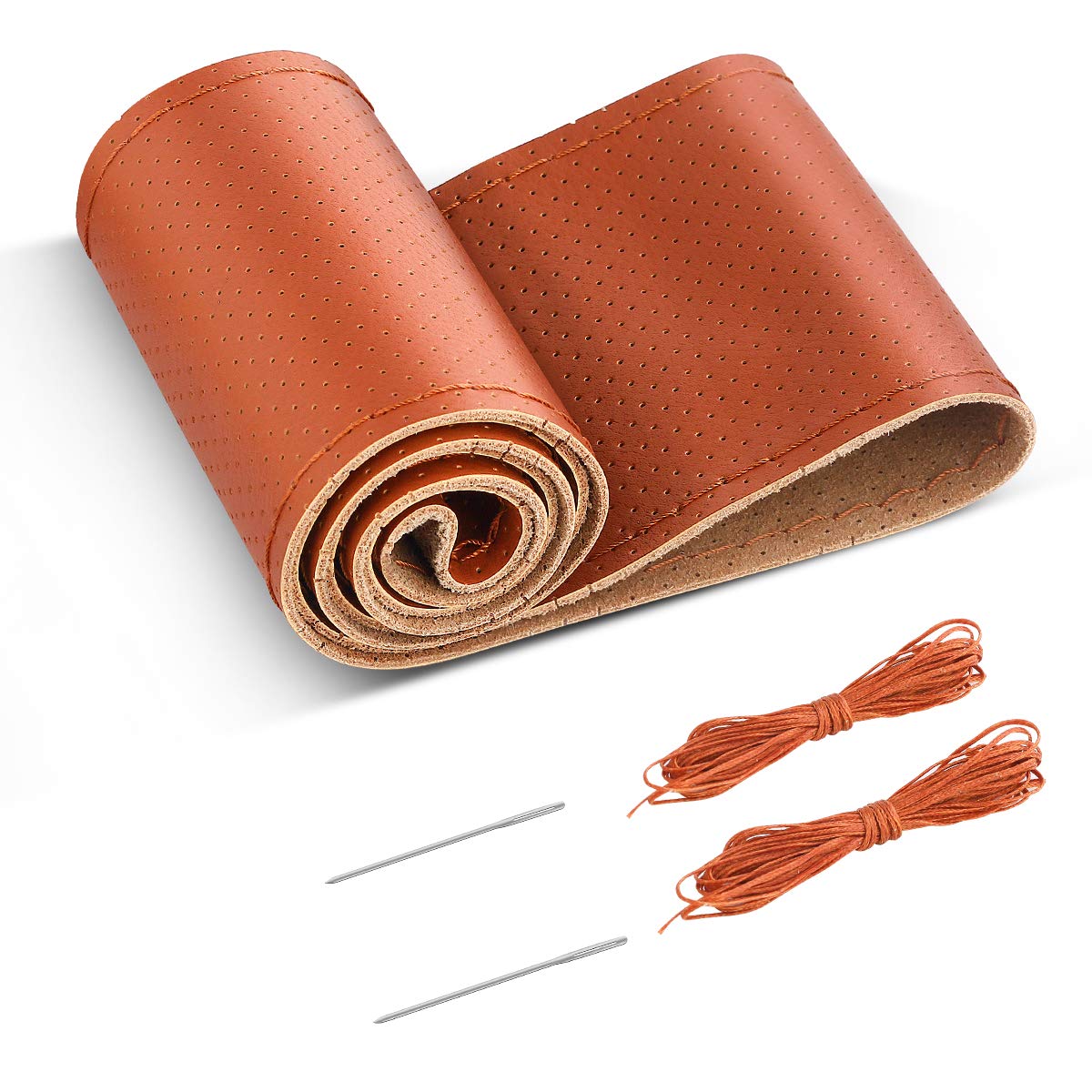 BELINOUS Universal Leather Car Steering Wheel Cover - Stitch On Wrap for Comfort & Grip (Size M4, Brown) | Perfect for Daily Commute, Road Trips & Enhanced Driving Experience