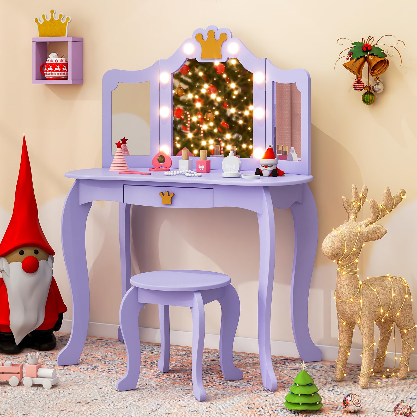 Costzon Kids Vanity Set with LED Lights & Stool - Princess Makeup Dressing Table with Mirror & Drawers for Girls - 2-in-1 Toddler Vanity Play Set (Violet) - Perfect for Pretend Play, Birthday Gifts & Bedroom Decor
