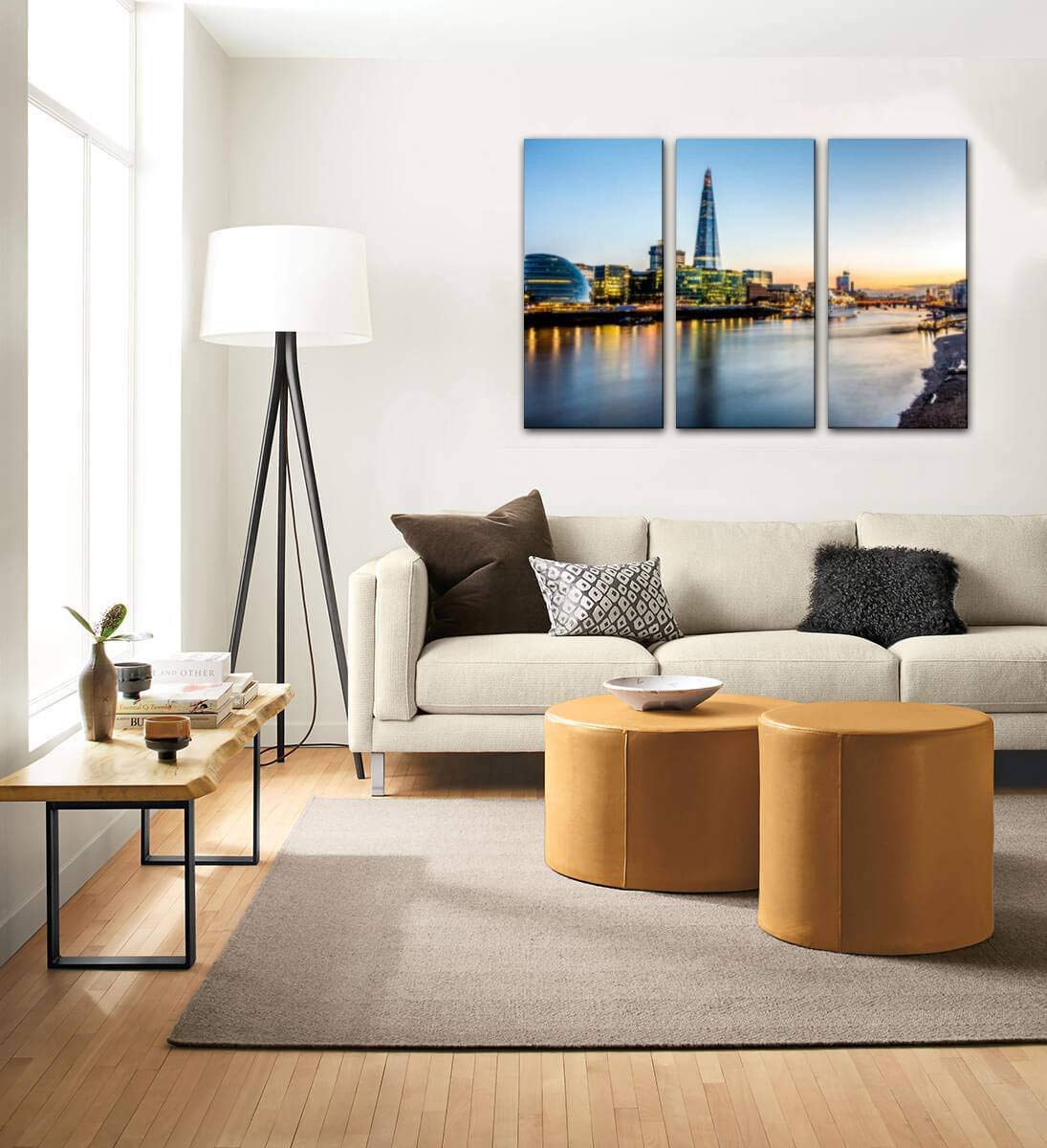 Blaverr Financial District London The Shard Gherkin Dusk Skyline Canvas Wall Art - 3 Panel Modern Painting for Living Room & Bedroom Decor - Stretched Framed Ready to Hang Home Office Wall Decor - Perfect for Apartments, Hotels & Office Spaces