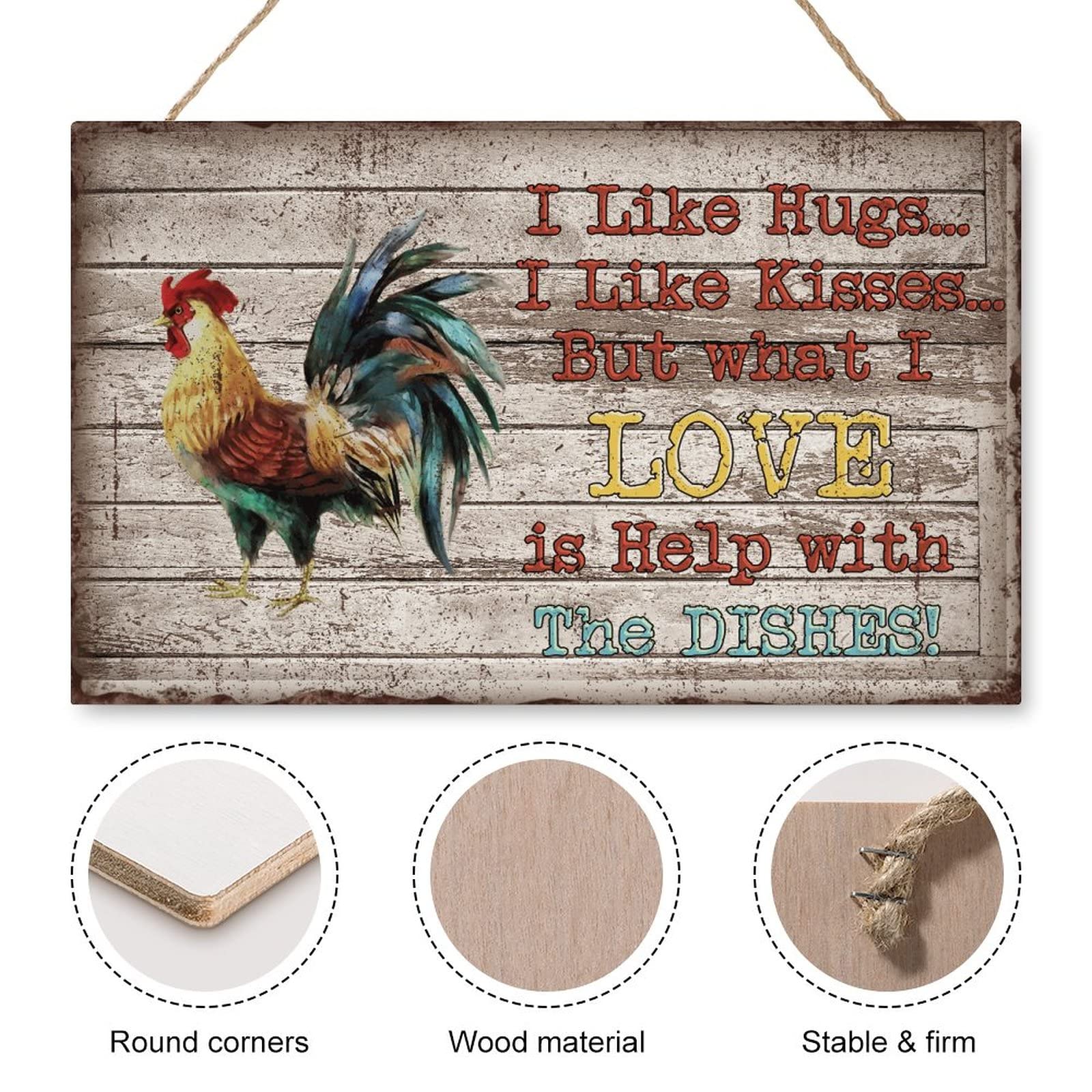 Rustic Rooster Wood Wall Art - Funny Chicken Coop Decor Sign 'I Like Hugs Kisses But What I Love Is Help with The Dishes' - Farmhouse Kitchen & Yard Decoration (10x16 inches) - Perfect for Country Homes, Farmhouse Kitchens, and Outdoor Chicken Coop Decor