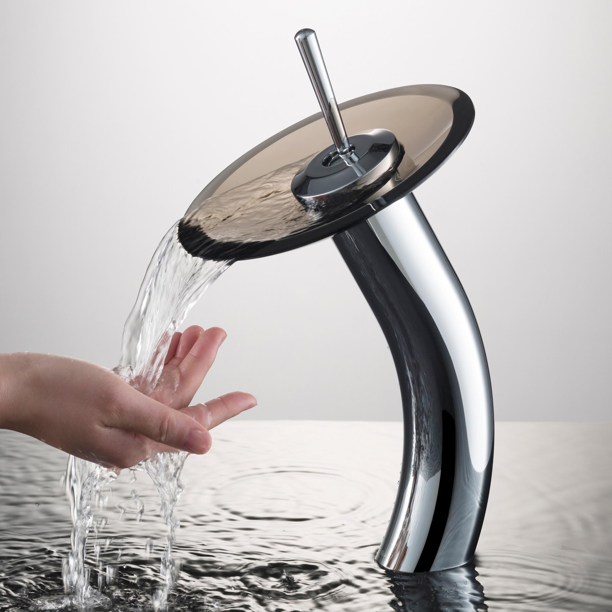 KRAUS KGW-1700CH-BRCL Tall Waterfall Bathroom Faucet with Clear Brown Glass Disk - Chrome Finish for Vessel Sinks | Modern Bathroom Upgrade for Spa-Like Experience