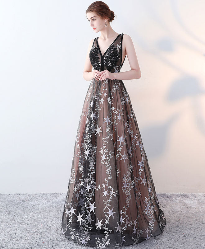 Elegant Black V-Neck Long Prom Dress for Women - Formal Evening Gown for Homecoming, Ball, and Special Occasions