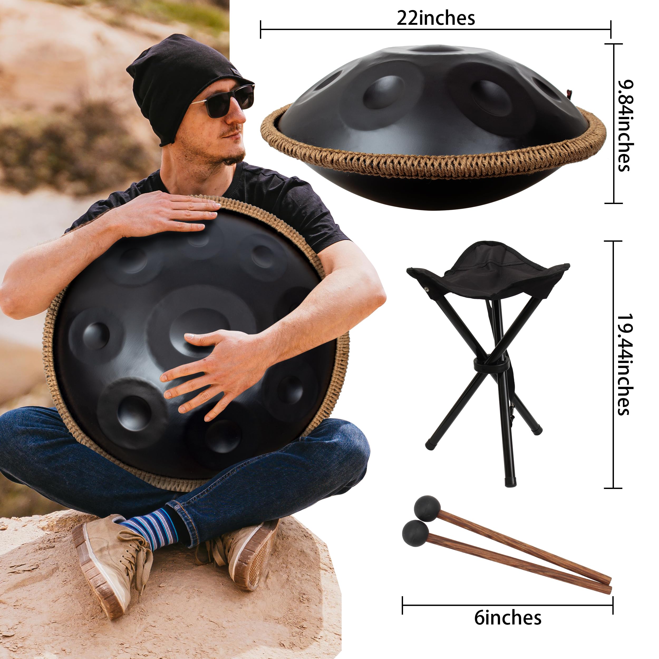 22 Inch D Minor Kurd 9 Notes Handpan Drum - 440Hz Steel Tongue Drum for Beginners, Music Therapy & Meditation | Perfect for Outdoor Performances, Yoga Sessions & Sound Healing (Black)