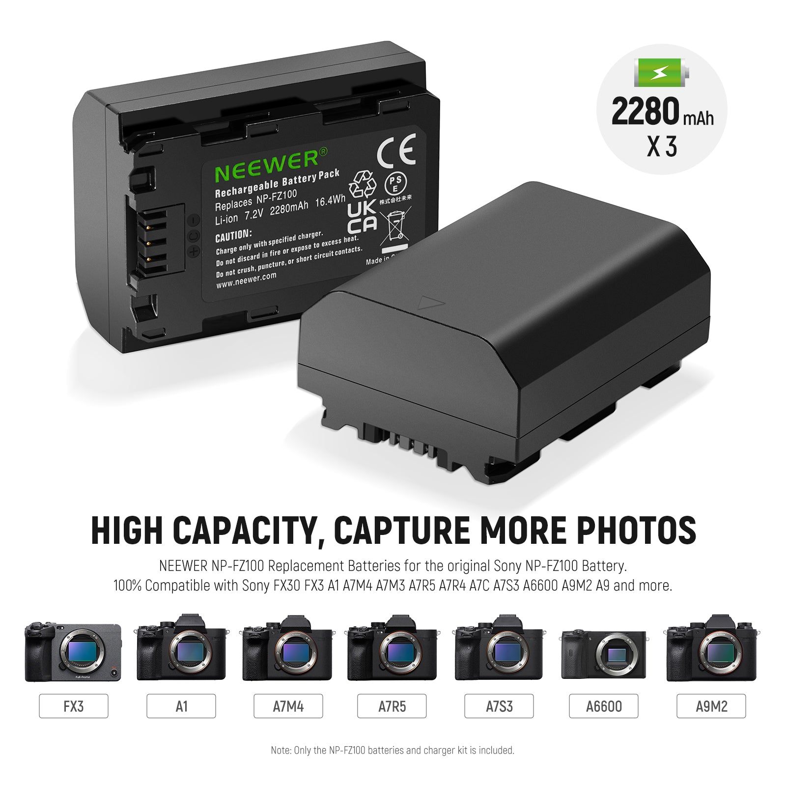 NEEWER 3-Pack NP-FZ100 Replacement Battery & Charger Set for Sony Mirrorless Cameras - Perfect for Travel, Vlogging, and Extended Photography Sessions