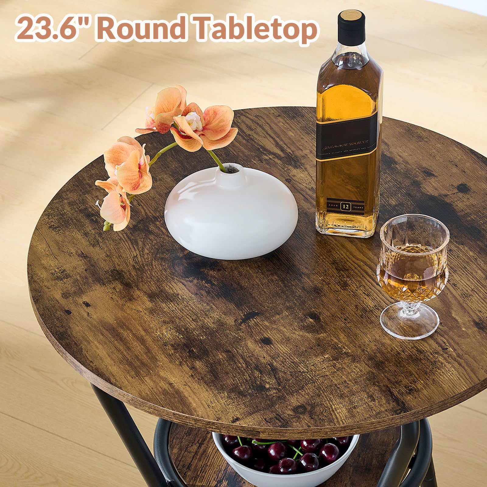 3-Piece Round Bar Table and Chair Set - Small Dining Table for 2 with 2 Upholstered Stools, Modern Kitchen Breakfast Nook Set in Rustic Brown - Perfect for Small Spaces, Apartments, Kitchen Nooks & Bistro Dining