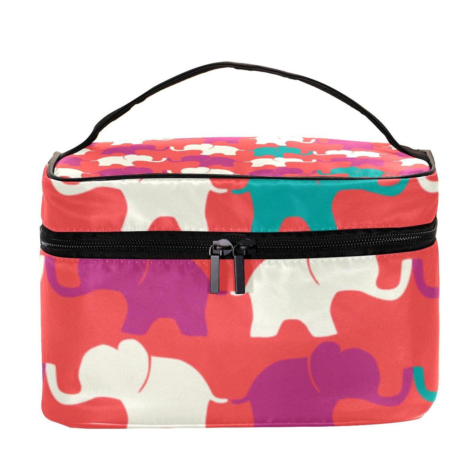 Double Elephants Red Pattern Travel Makeup Bag - Large Cosmetic Organizer with Zipper for Women & Girls | Perfect for Vacation, Gym, Business Trips & Daily Essentials Storage