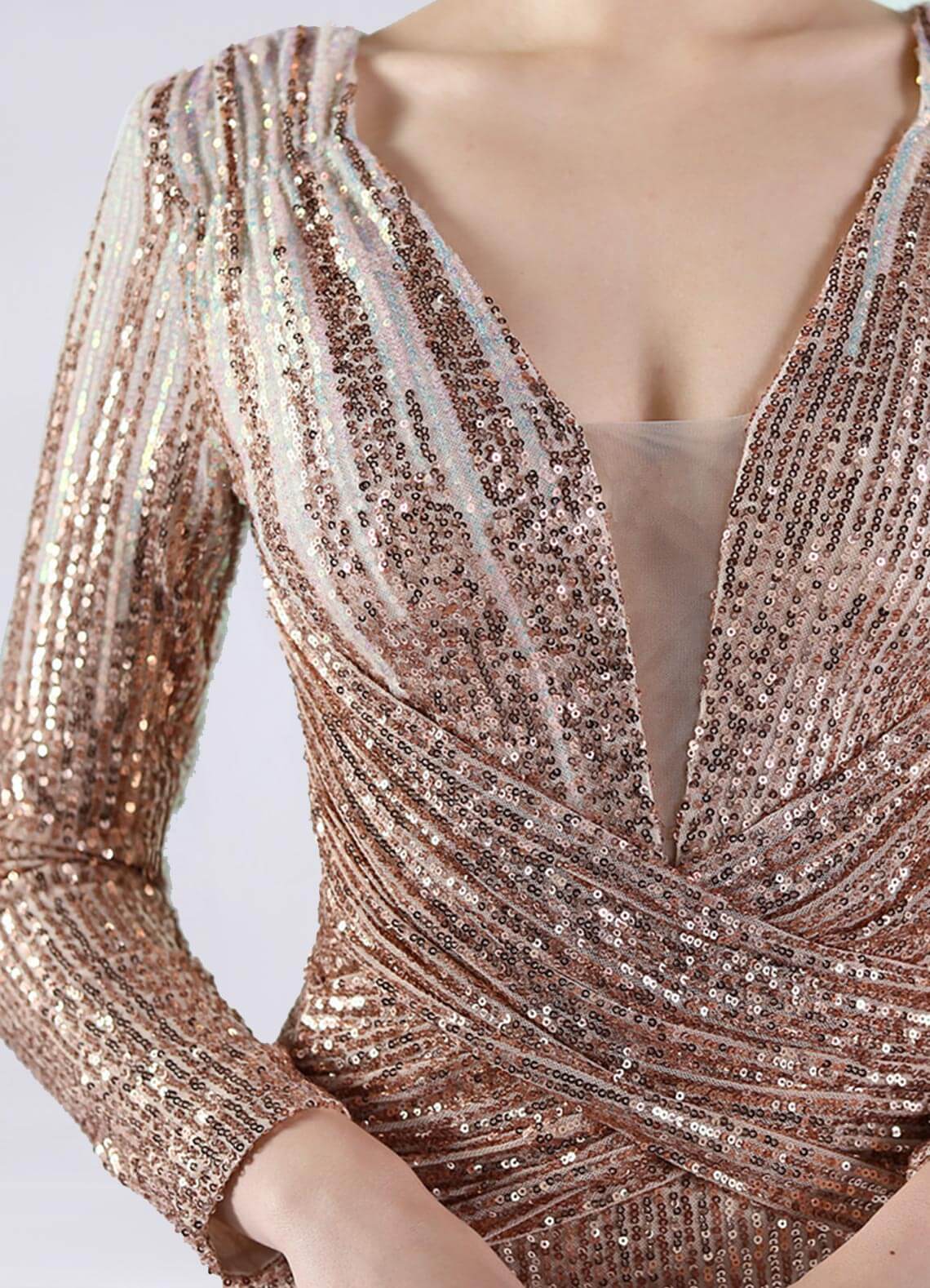 Elegant Champagne Gold Sequin Long Sleeve V-Neck Floor Length Formal Gown for Women - Perfect for Evening Parties, Prom, Wedding Guest & Special Occasions