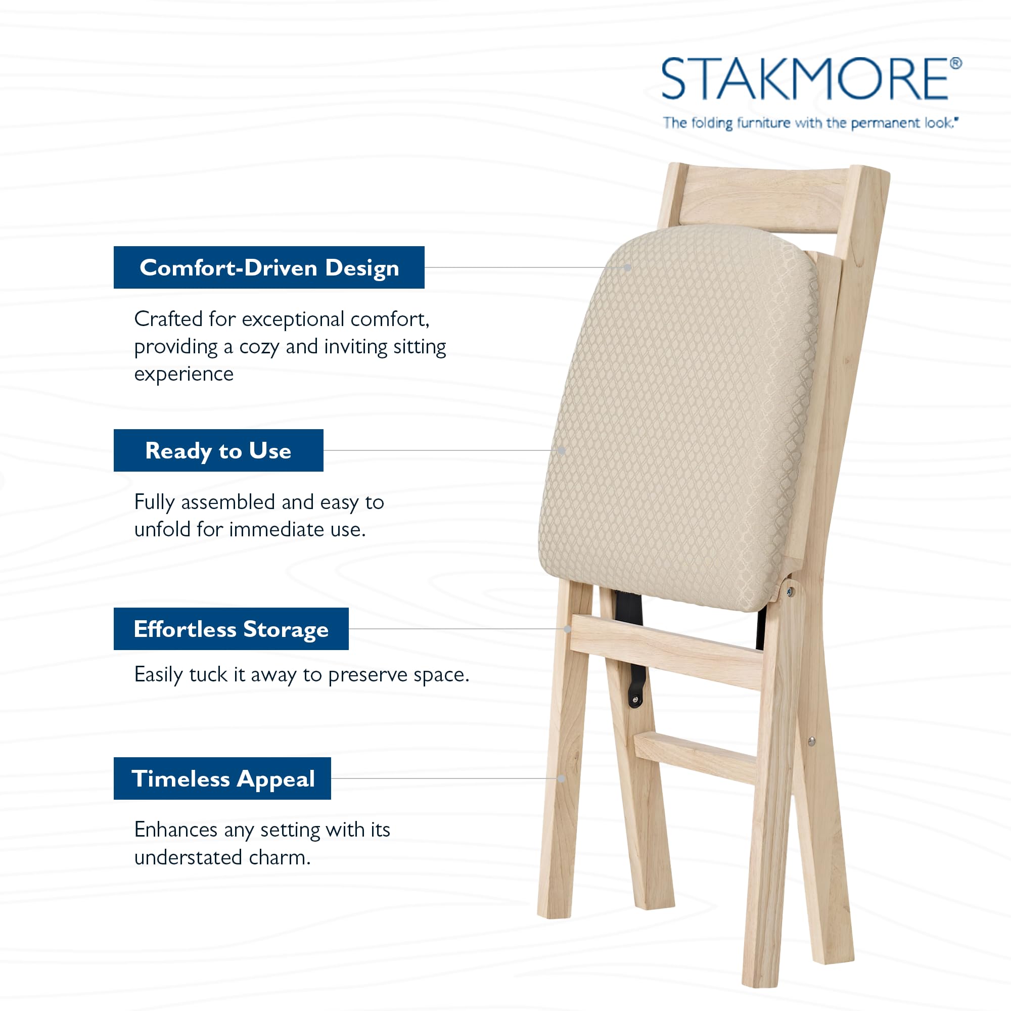 Premium MECO Stakmore Solid Wood Folding Dining Chairs Set of 2 - Classic Unfinished Wooden Table & Fabric Padded Seats for Home, Kitchen, Office, and Small Spaces