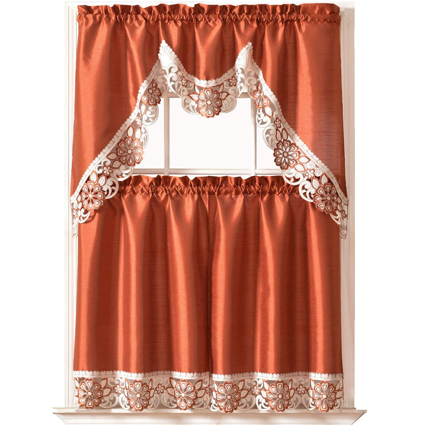 GOHD Dreamland Rust Kitchen Curtain Set - Embroidered Swag Valance & Tier Window Treatment with Cutwork Design | Perfect for Farmhouse, Cottage & Vintage Style Kitchens