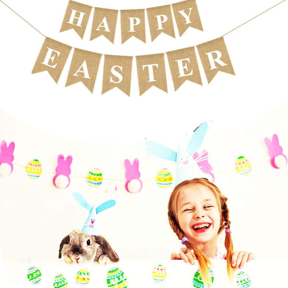 3 PCS Burlap Easter Banner - Rabbit Bunny Garland Happy Easter Bunting for Party Decorations, Spring Home Decor, Easter Egg Hunt & Outdoor Garden Party (Natural Burlap)