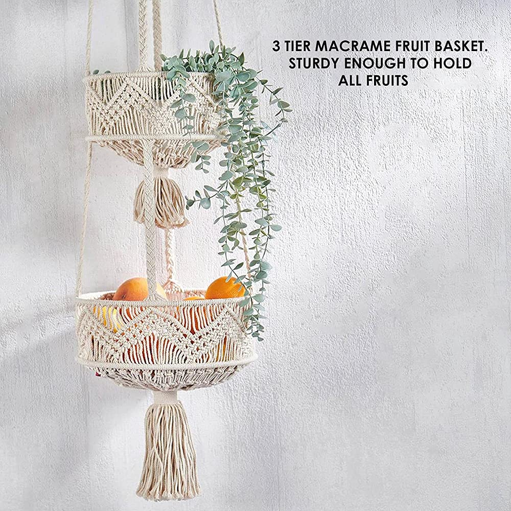 3-Tier Braided Hanging Fruit Basket - Space Saving Kitchen Storage Organizer for Fruits, Vegetables & Plants | Perfect for Pantry, Countertop & Small Spaces