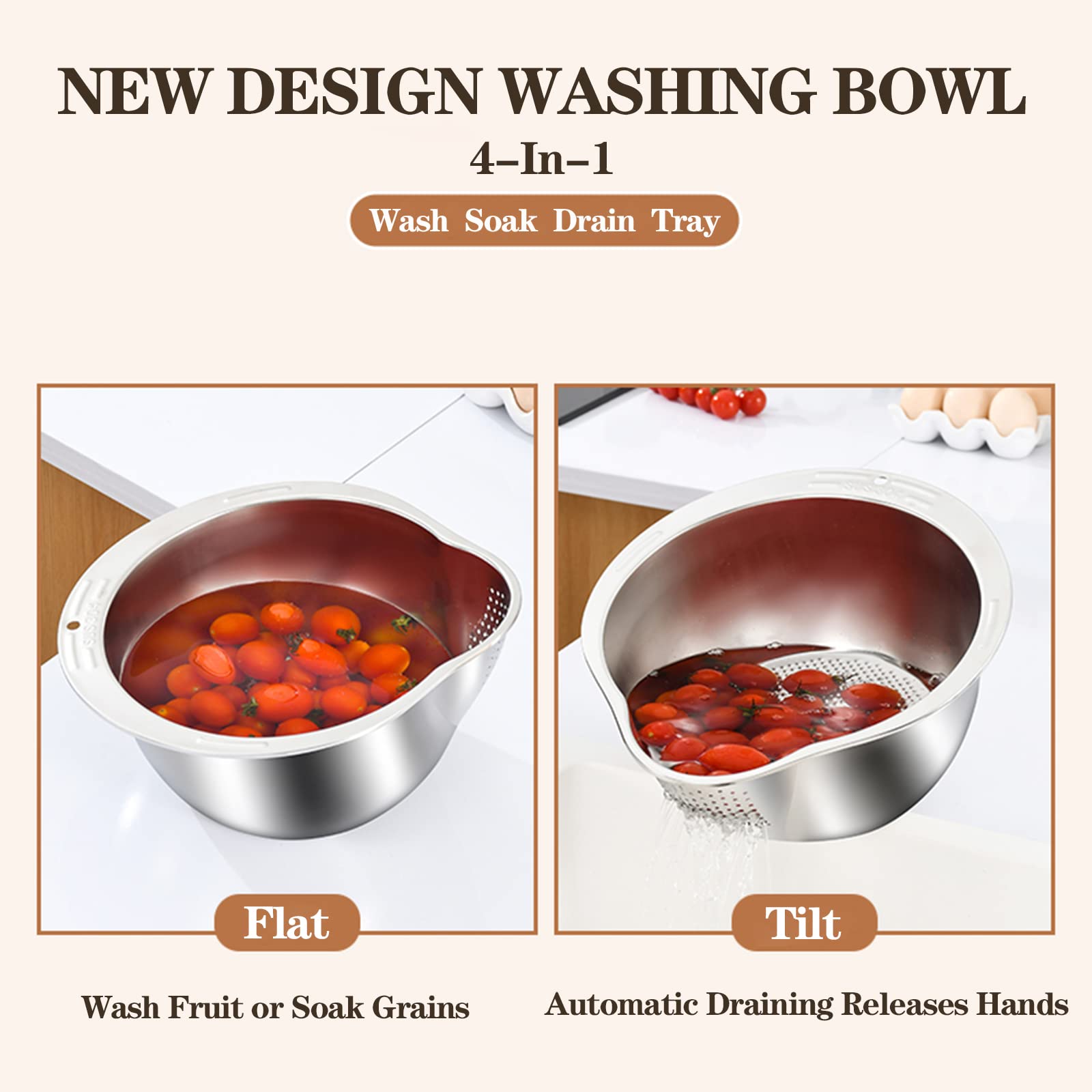4-in-1 Stainless Steel Rice Washer & Colander Bowl - Perfect for Washing Quinoa, Fruits, Vegetables and Beans - Drain Holes Design for Easy Rinsing - Ideal for Healthy Cooking & Meal Prep in Modern Kitchens