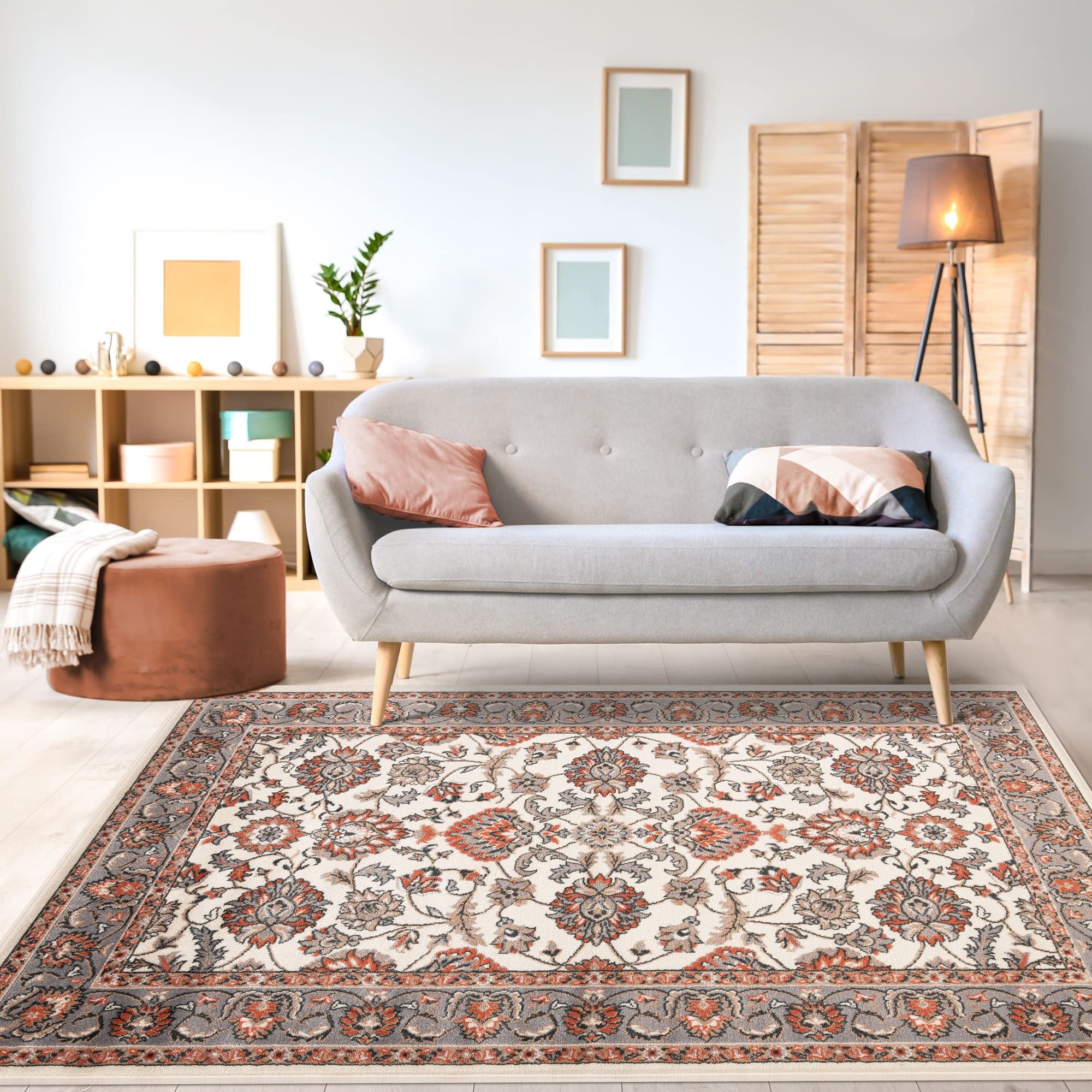 BNM 8' x 10' Traditional Floral Oriental Area Rug with Jute Backing - Brown-Salmon Lille Collection | Non-Slip Large Rug for Bedroom, Living Room, Office, Entryway, Kitchen & Hallway | Perfect for Hardwood Floors & Home Decor