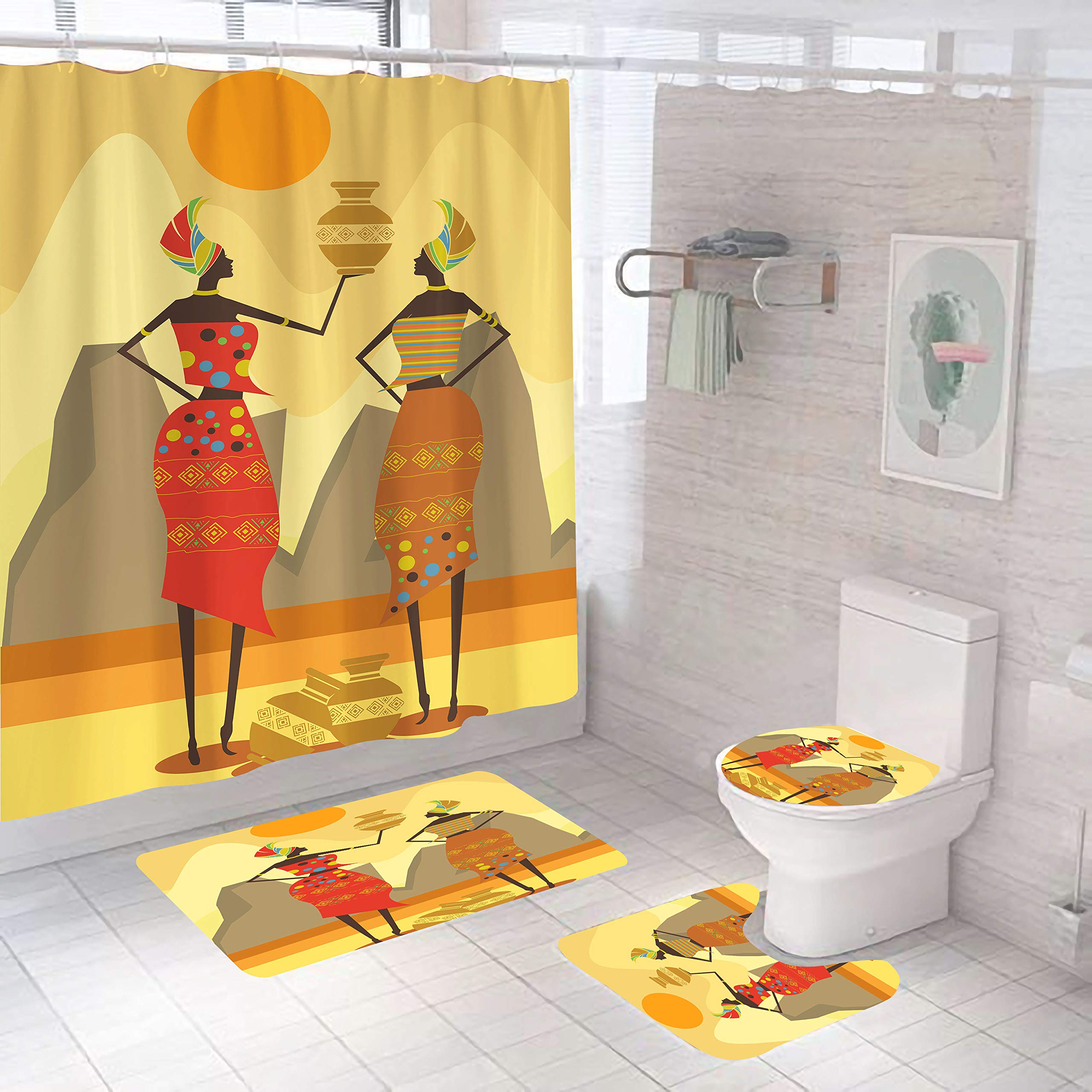 4-Piece Colorful Printed Bathroom Set - Waterproof Shower Curtain + 3 Toilet Mat & Lid Covers for Modern Bathroom Decor | Non-Slip, Soft & Absorbent | Perfect for Home, Apartment, Hotel & Guest Bathrooms