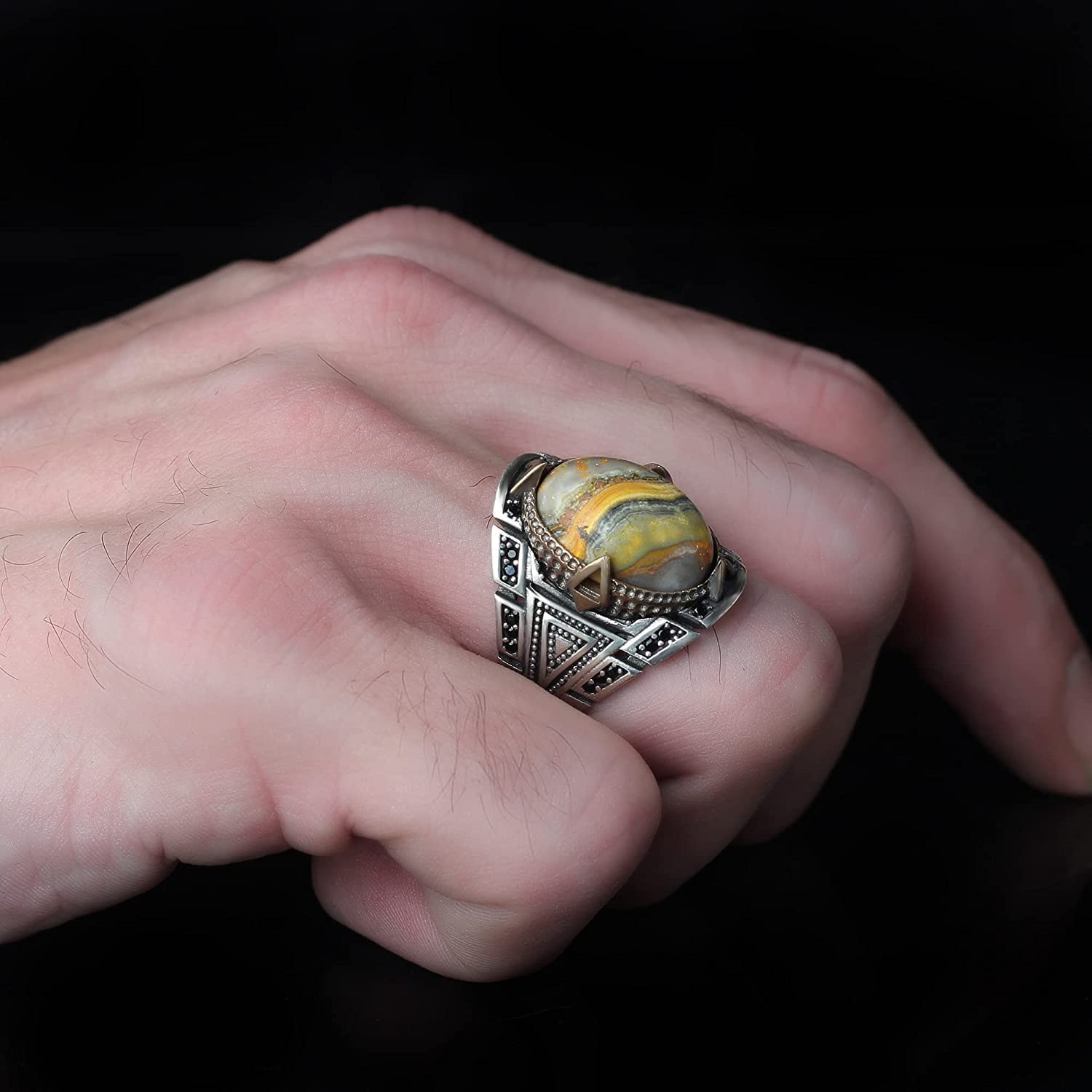 925 Sterling Silver BumbleBee Jasper Gemstone Ring for Men - Handmade Ottoman Turkish Style Jasper Jewelry - Unique Boyfriend Gift for Anniversary, Birthday & Special Occasions - Perfect for Date Nights, Weddings & Formal Events