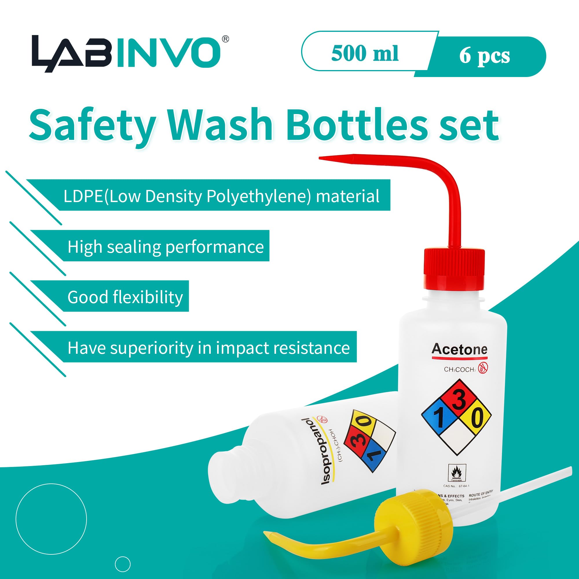 500ml Safety Wash Bottles - 6PCS Lab Squeeze Bottles for Acetone, Alcohol, Methanol (LDPE Material) | Perfect for Chemistry Labs, Cleaning & Scientific Experiments