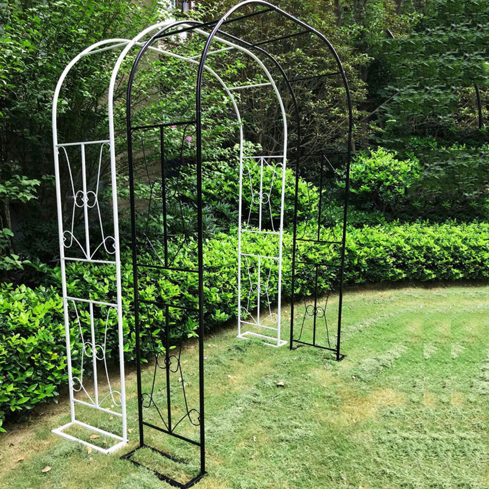 7.9ft Tall Wrought Iron Flower Arch Trellis for Climbing Plants - Outdoor Garden Arbor Pergola with Base, Weather-Resistant Black & White Metal Decoration - Perfect for Vine Support, Wedding Backdrops, and Patio Landscaping