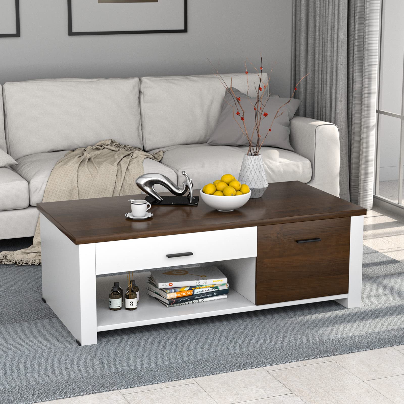 Giantex Modern Coffee Table with Drawers & Open Storage, Rectangular Center Table for Living Room, Bedroom, Office - Brown & White - Perfect for Small Spaces, Home Decor & Entertaining Guests