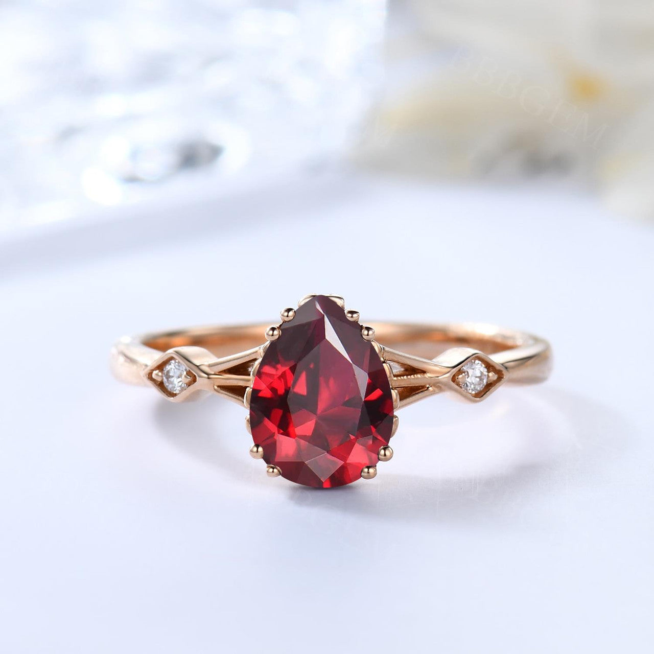 Vintage Dark Red Garnet Pear Cut Three Stone Diamond Engagement Ring in Rose Gold - Perfect for Wedding, Anniversary & Romantic Gift Giving