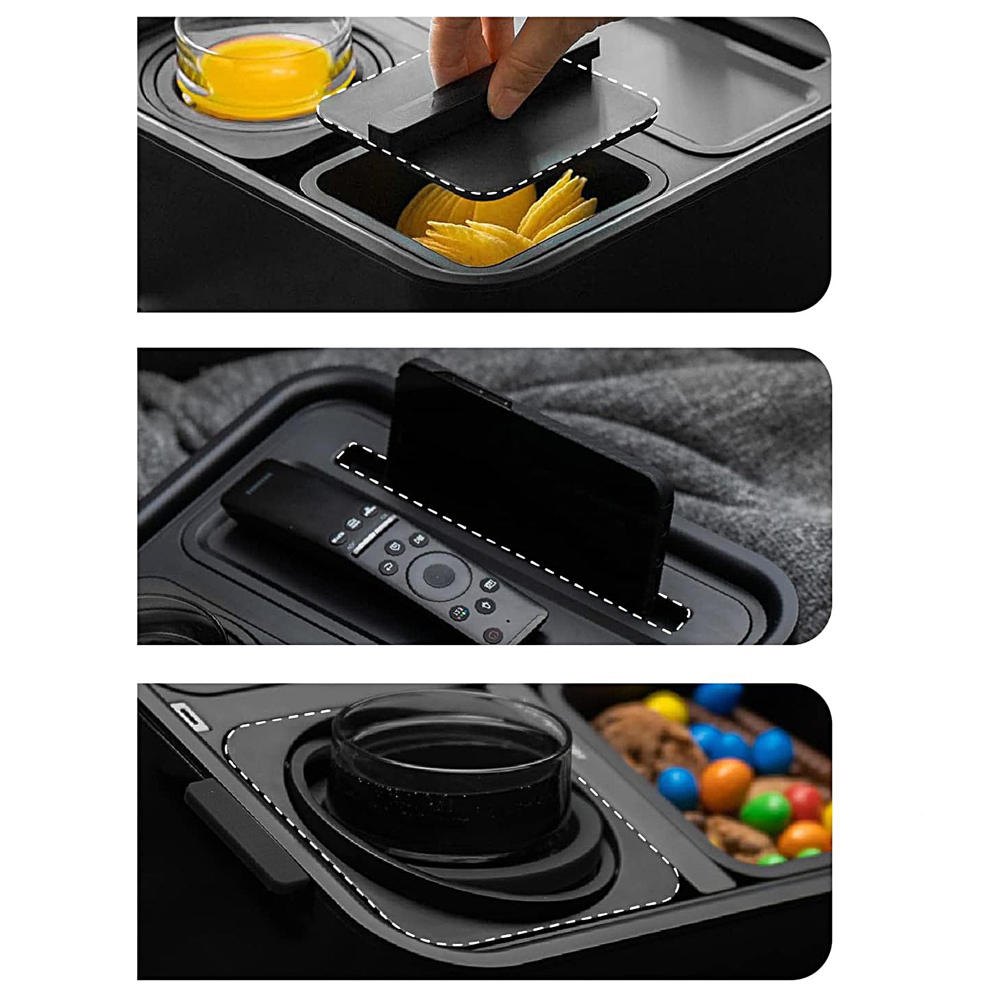INSTA Tray - Adjustable Sofa Armrest Caddy with Cup Holder & Phone Stand for Drinks, Snacks & Remote Control - Perfect for Living Room, Bed, Couch Watching TV or Gaming