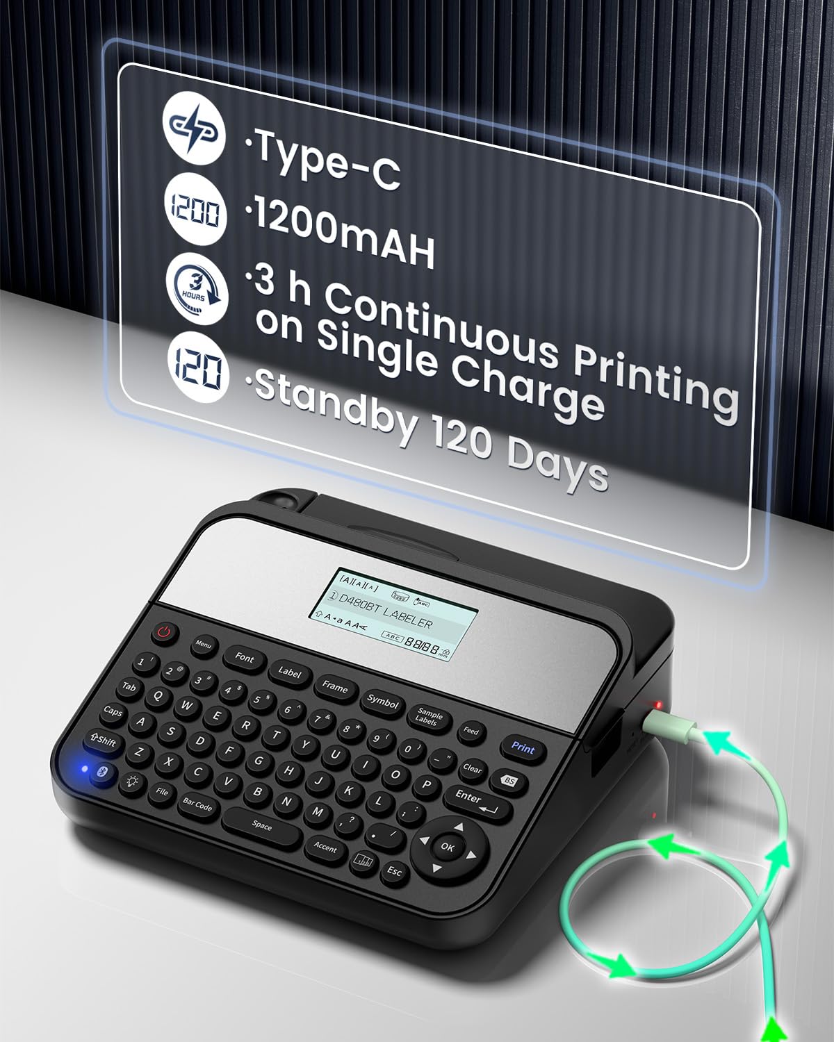 Bluetooth Label Maker D480BT - Rechargeable Label Printer with QWERTY Keyboard & Backlit LCD | Compatible with PC & Smartphone | 3/4 Inch Label Tape | Perfect for Home, Office, Warehouse & Craft Organization
