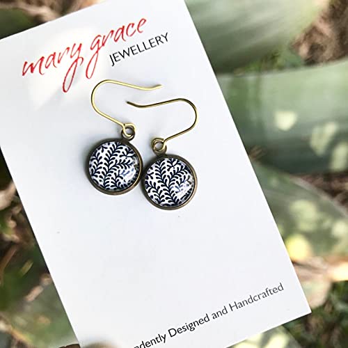 Nature Style Black & White Leaf Earrings - Glass Cabochon Jewelry Gift for Women | Boho & Party Wear