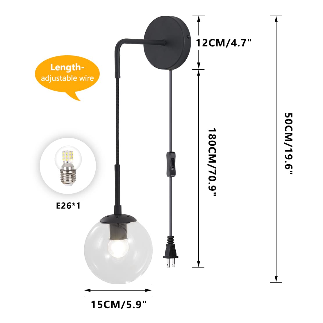 Mid Century Modern Black Wall Sconce Light - Set of 2 Plug-in Clear Glass Globe Ball Wall Lights for Bathroom Vanity, Bedroom, Living Room - Minimalist Corded Wall Lamp Fixture (Clear)