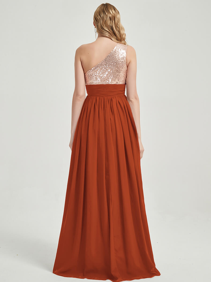 Elegant Burnt Orange One Shoulder Sleeveless Chiffon Sequin Bridesmaid Dress - Perfect for Weddings, Formal Events & Evening Parties