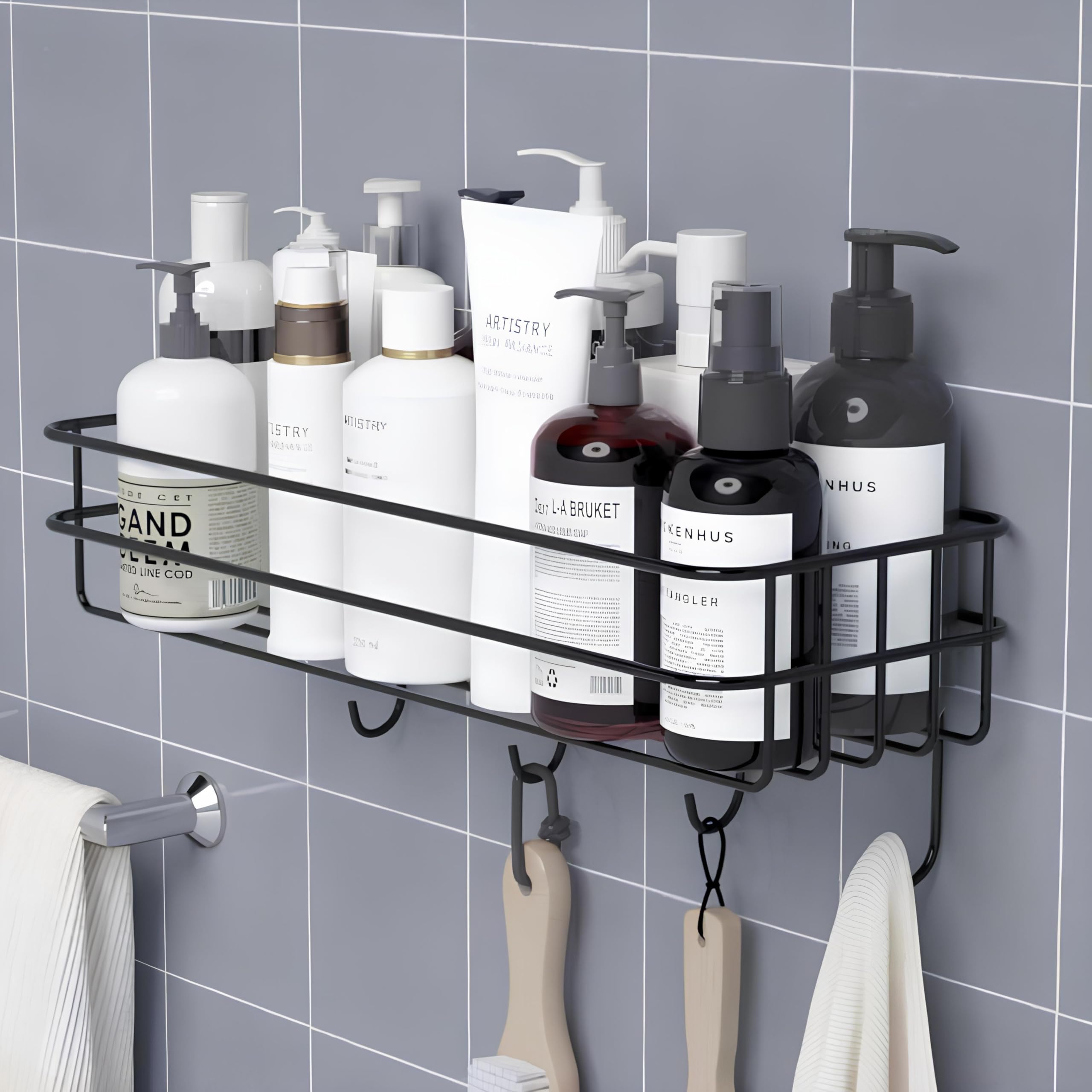 Boniry Stainless Steel Wall Mounted Bathroom Shelf - Self Adhesive Shower Organizer with 4 Hooks for Towels, Space Saving Bathroom Storage for Small Spaces - Perfect for Bath, Shower & Laundry Room Organization (Black, 1 Pack)