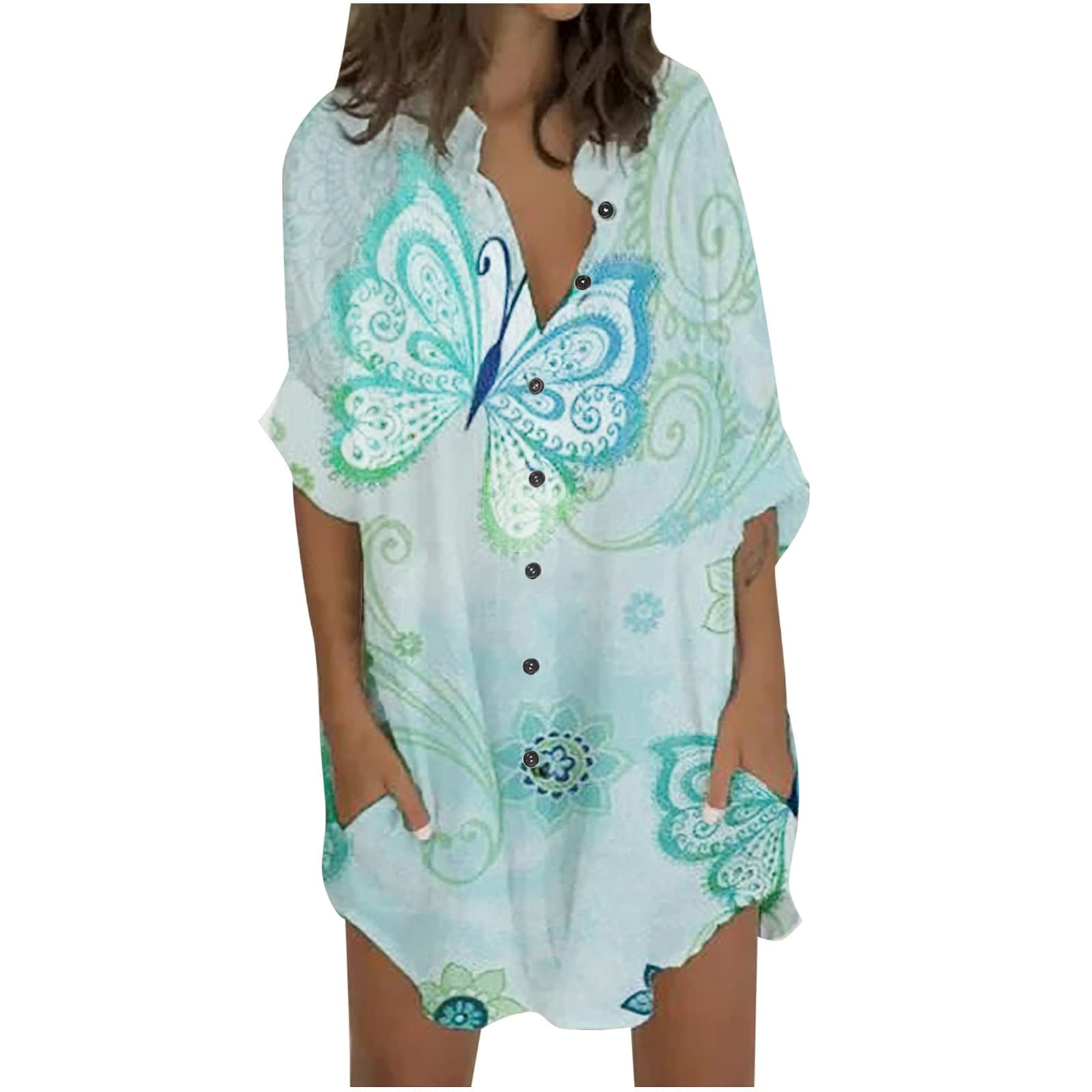 Floral Print Women's Three-Quarter Sleeve Blouse - Casual Loose Fit Shirt Dress for Spring Summer Outfits | Perfect for Office, Date Night & Beach Vacation