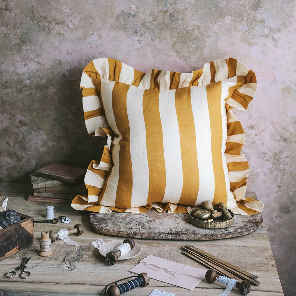 Premium Linen Pillow Cover - Soft & Breathable Ochre Stripe Design - Perfect for Bedroom, Living Room & Home Decor