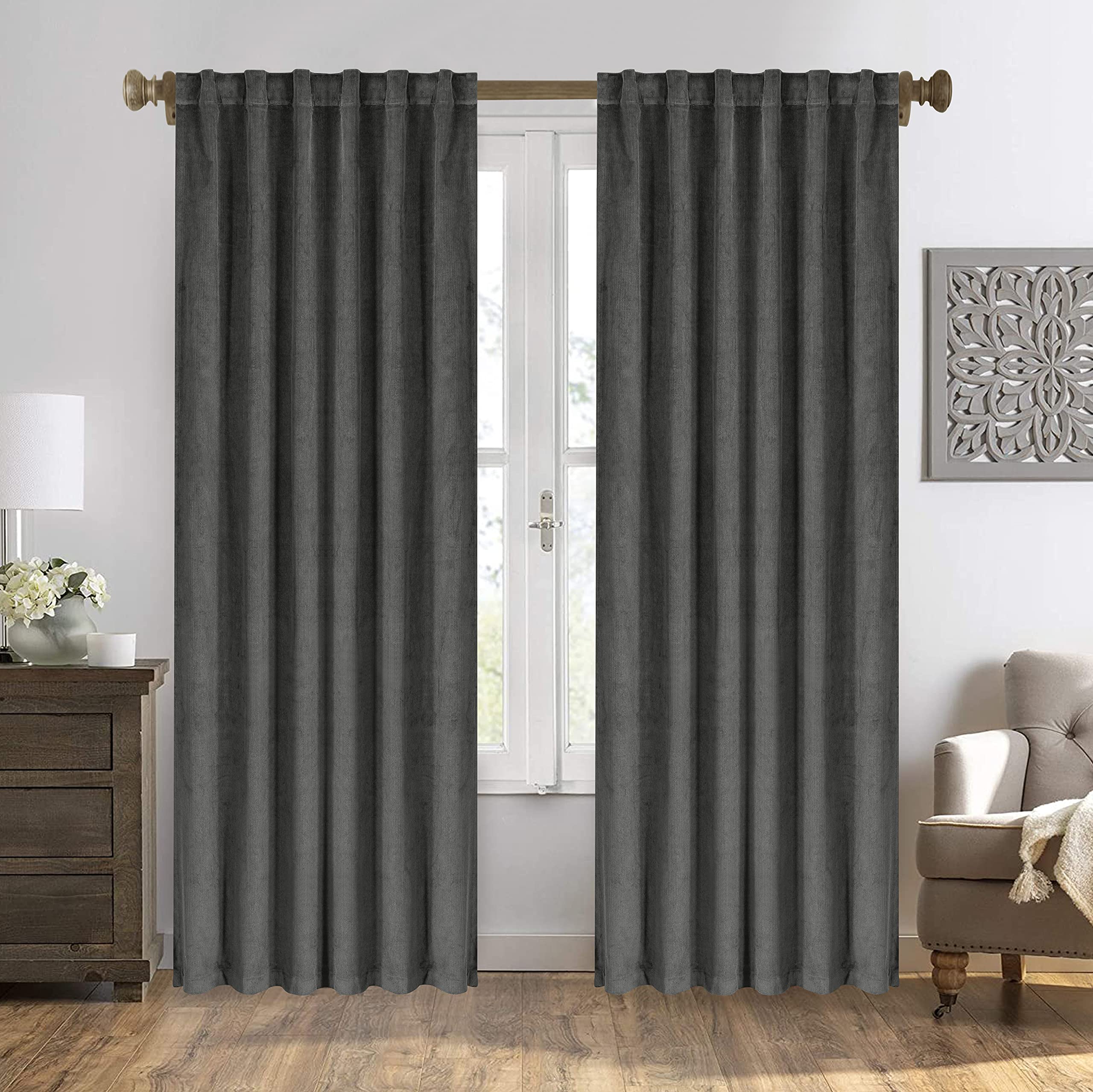 Premium Cotton Velvet Window Curtains Set of 2 - Heavy Corduroy Blackout Drapes for Bedroom, Mid Century Modern Style, 100% Cotton Room Darkening Panels (52x96 Inches, Charcoal) - Perfect for Living Room, Bedroom & Home Theater Light Control