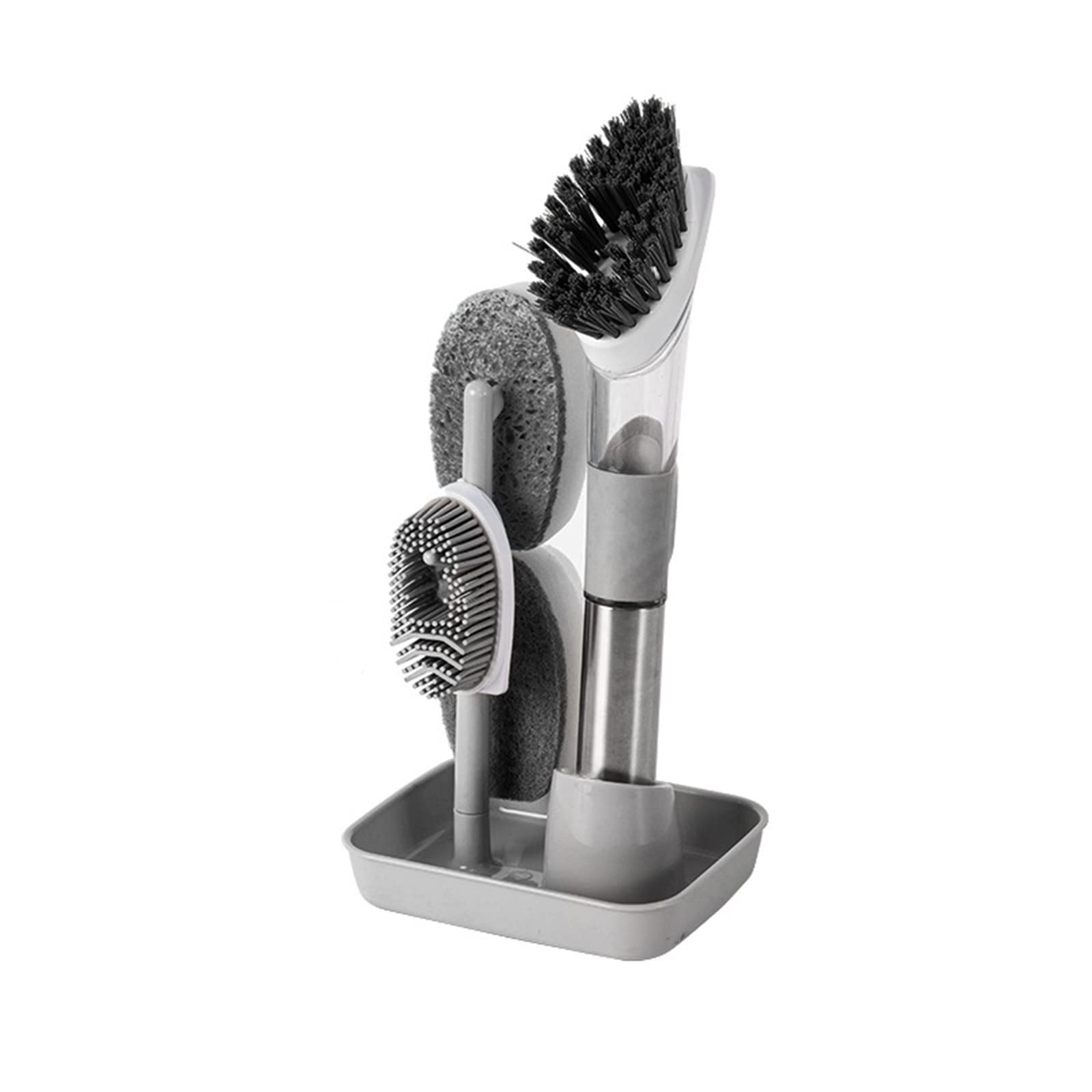 Soap Dispensing Dish Brush Set with 4 Replacement Heads & Holder - Kitchen Cleaning Brush for Pots, Pans & Dishes - Perfect for Daily Dishwashing & Sink Organization
