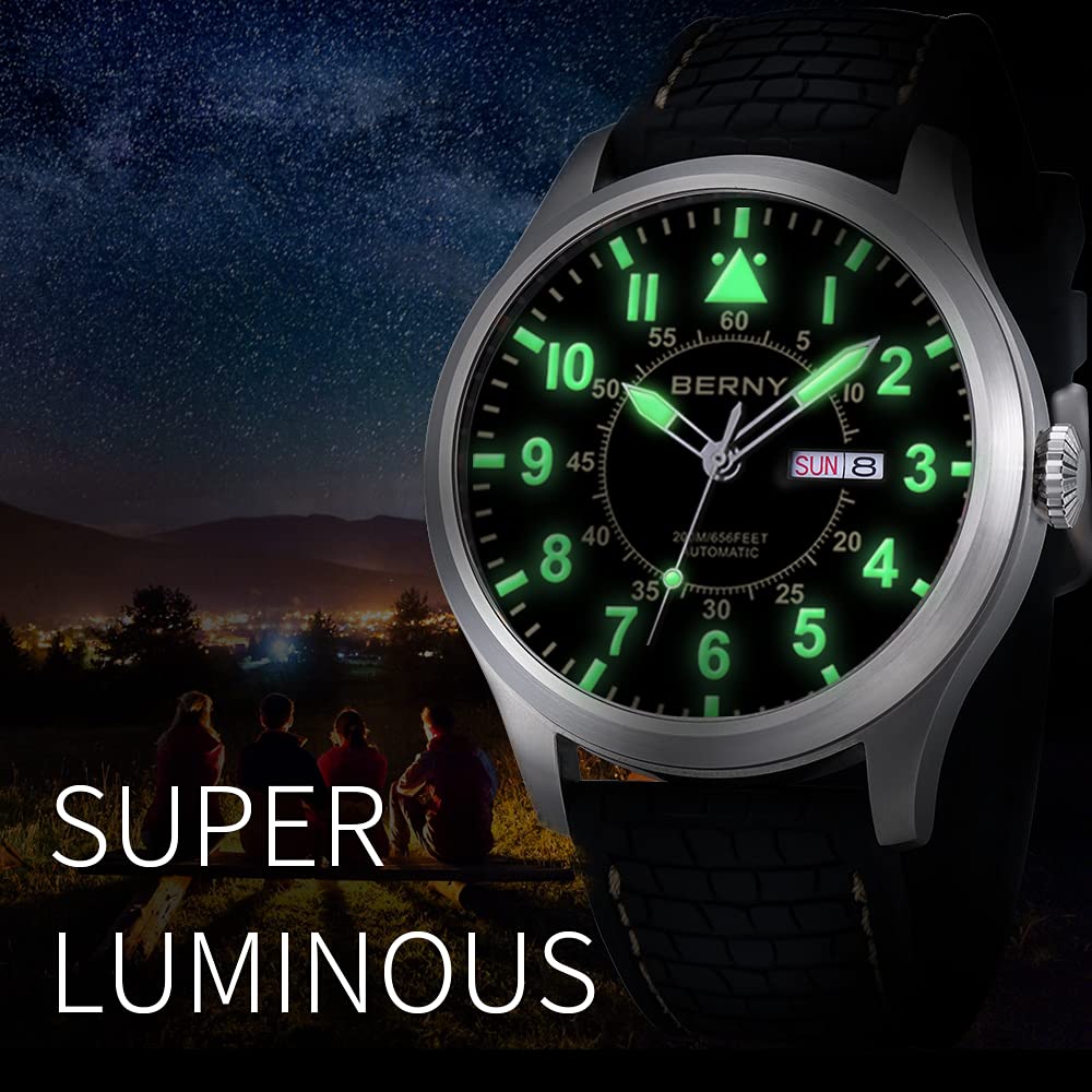 BERNY Men's Automatic Self-Winding Mechanical Watch - 20ATM Waterproof, Sapphire Crystal Glass, Scratch Resistant, Super Luminous, Oversized Dial (No Battery Needed) - Perfect for Business, Casual Wear & Outdoor Activities
