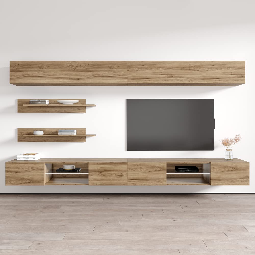 Modern Oak Floating TV Stand with Storage & LED Lights - Wall-Mounted Entertainment Center for Living Room & Bedroom - Space-Saving TV Console with Shelves - Perfect for Small Apartments & Home Theater Setups
