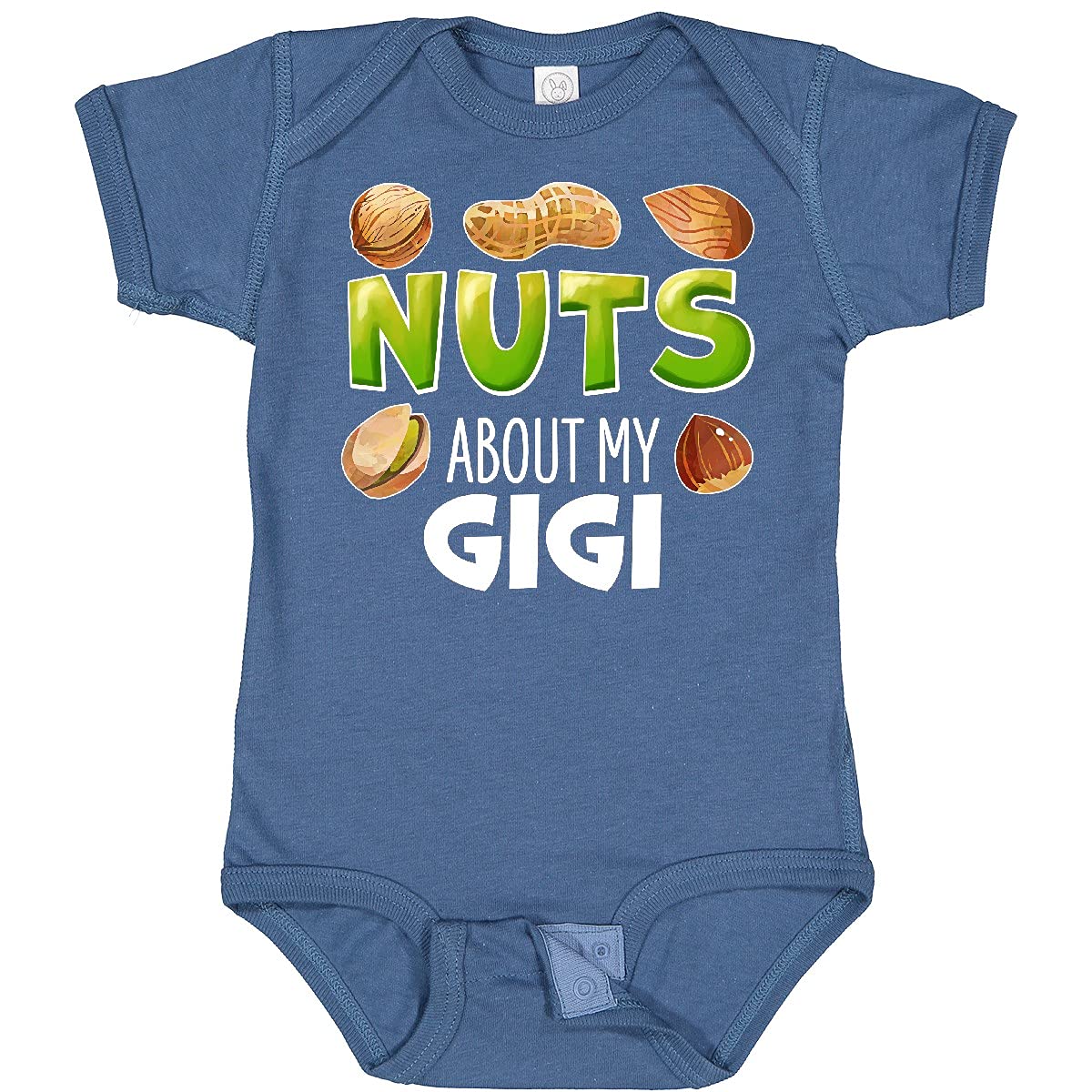 Inktastic Nuts About My Gigi Peanut Almond Pistachio Baby Bodysuit - Cute Organic Cotton Infant Bodysuit for Grandparents Day, Family Photos & Newborn Gifts