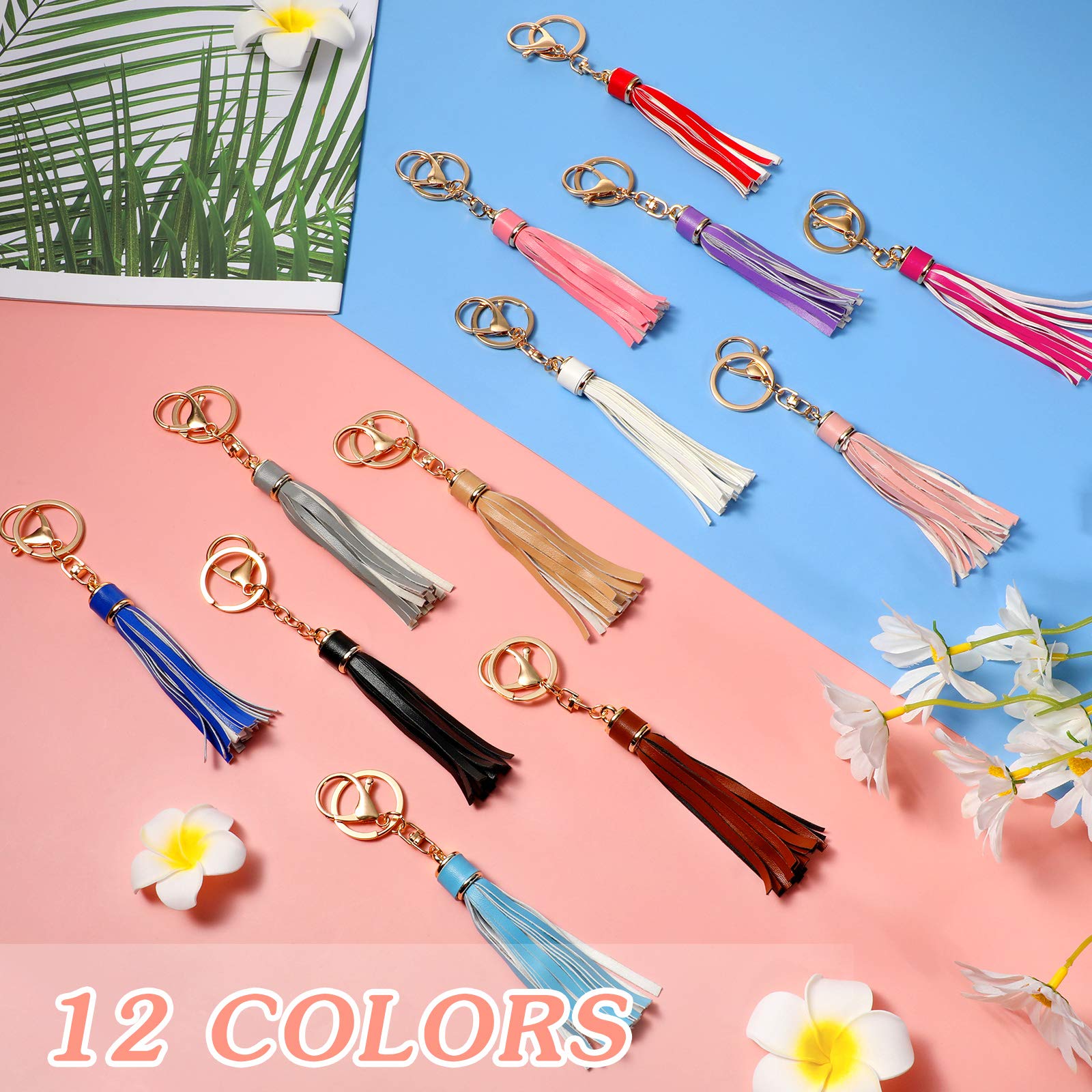 Hicarer Women's PU Leather Tassel Keychain - Circle Key Ring with Lobster Clasp, Bulk Lanyard Key Holder for Purse, Bag & Key Organization (Set of 12) - Perfect for Gifts, Party Favors & Everyday Use