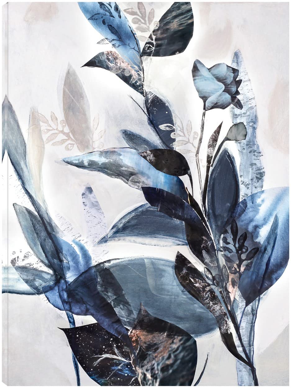 Blue Leaves Canvas Wall Art - Handmade Fine Art Painting by Design Fabrikken - Ready to Hang 35x46 Inch - Perfect for Living Room, Bedroom, Office Decor & Home Interior Design