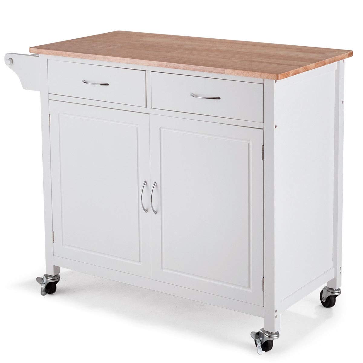 Modern White Kitchen Island Cart with Double Drawers, 2-Tier Shelf & Cabinet Door - Pine Wood Top Rolling Serving Cart for Food Prep, Storage & Towel Organization - Perfect for Small Kitchens, Dining Rooms & Buffet Serving