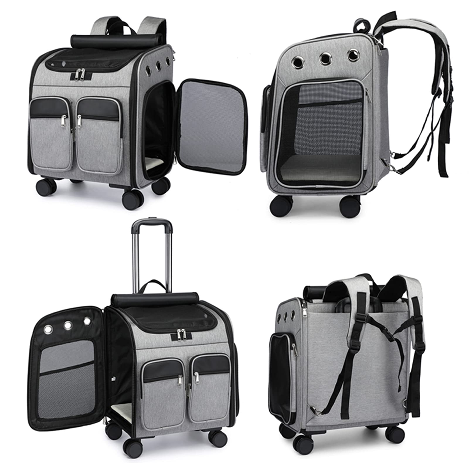 Pet Travel Carrier with Removable Wheels - Cat & Dog Rolling Backpack Stroller with Mesh Ventilation & Storage Pockets - Perfect for Air Travel, Vet Visits, and Outdoor Adventures