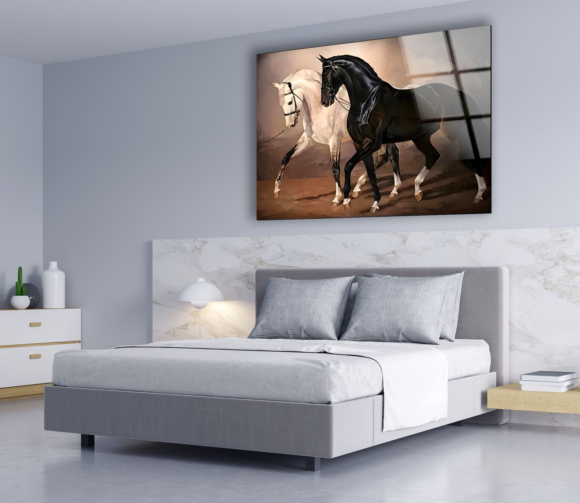 Elegant Black & White Horses Glass Wall Art - Modern Home Decor for Living Room, Bedroom & Office - Perfect Gift for Art Lovers