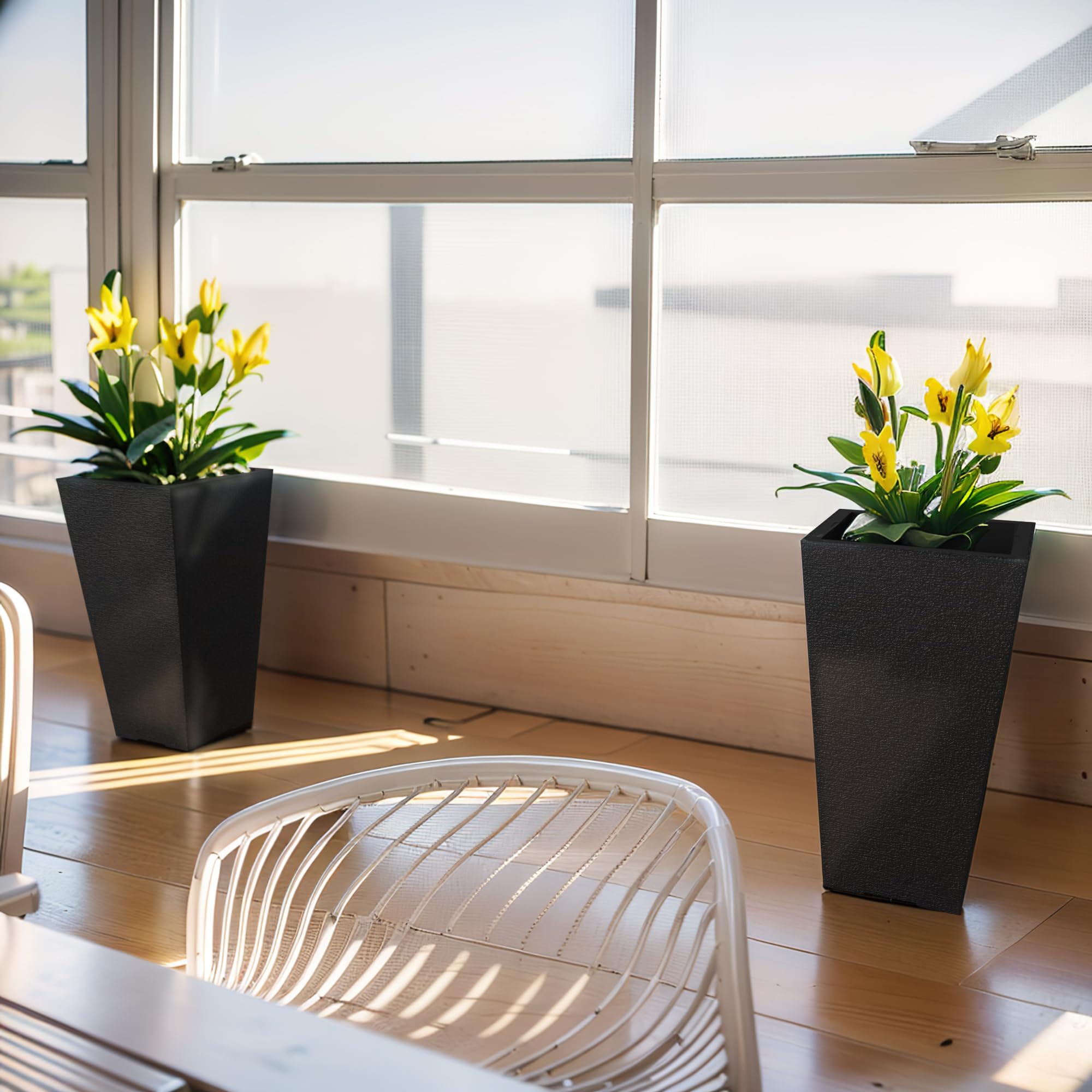 Kante 22 Inch Tall Planter Set of 2 - Large Tapered Flower Pots for Indoor & Outdoor Use, Garden, Patio, Front Door Decor (Black) | Perfect for Home, Office, and Commercial Spaces