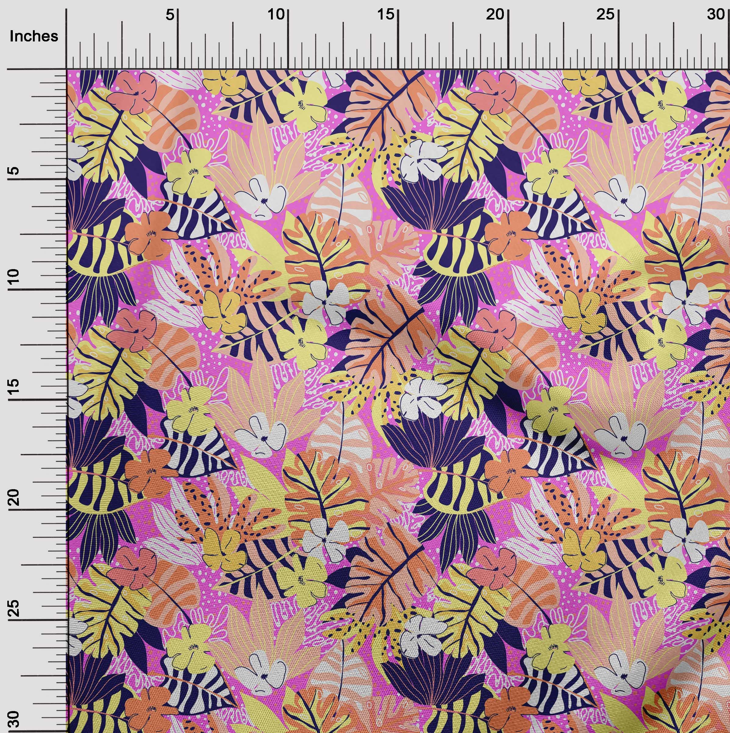 oneOone Cotton Flex Fuschia Pink Tropical Floral Print Fabric by The Yard - 40 Inch Wide Soft Dress Material for Summer Dresses, Skirts & DIY Sewing Projects