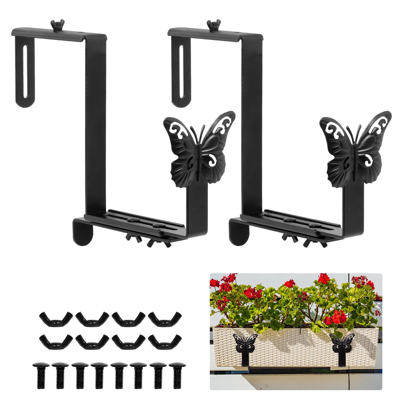 MIXXIDEA Heavy Duty Black Steel Window Box Brackets - 2 Pack, Universal Rail Fence Flower Planter Holders for Balcony, Patio & Garden - Perfect for Hanging Flower Boxes, Herb Gardens & Outdoor Decor