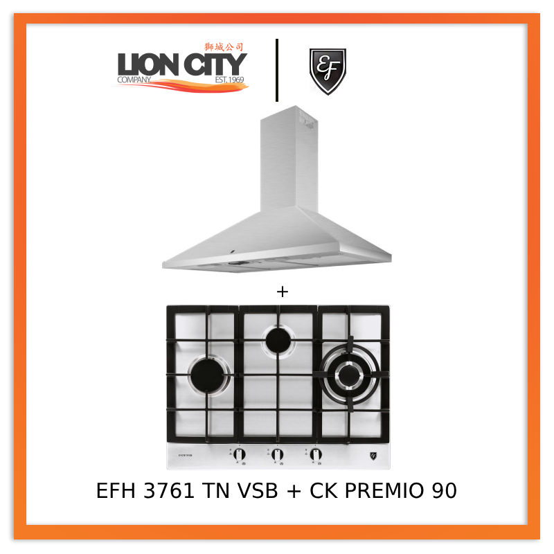 EF CK Premio 90 Stainless Steel Chimney Range Hood + EFH 3761 TN VSB 68cm Built-in Gas Cooktop - Professional Kitchen Ventilation & Cooking Solution for Home Chefs