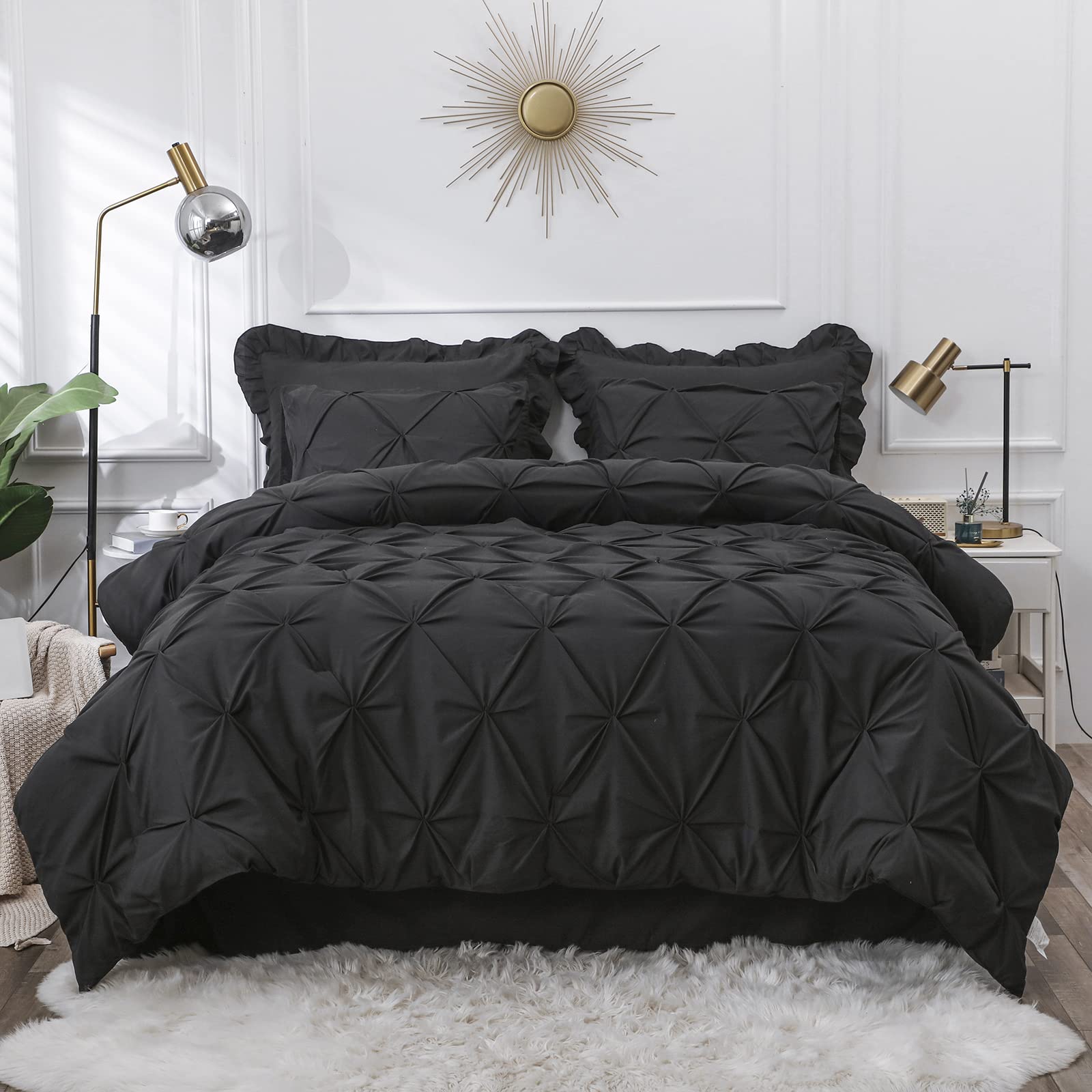 LUCKYBULL Black Queen Comforter Set 8 Pieces - Pintuck Bed in a Bag, Pinch Pleat Soft Textured Microfiber Bedding with Sheets, Skirt, Pillowcases & Shams - Luxury Bedroom Decor for Cozy Sleep & Hotel-Style Comfort