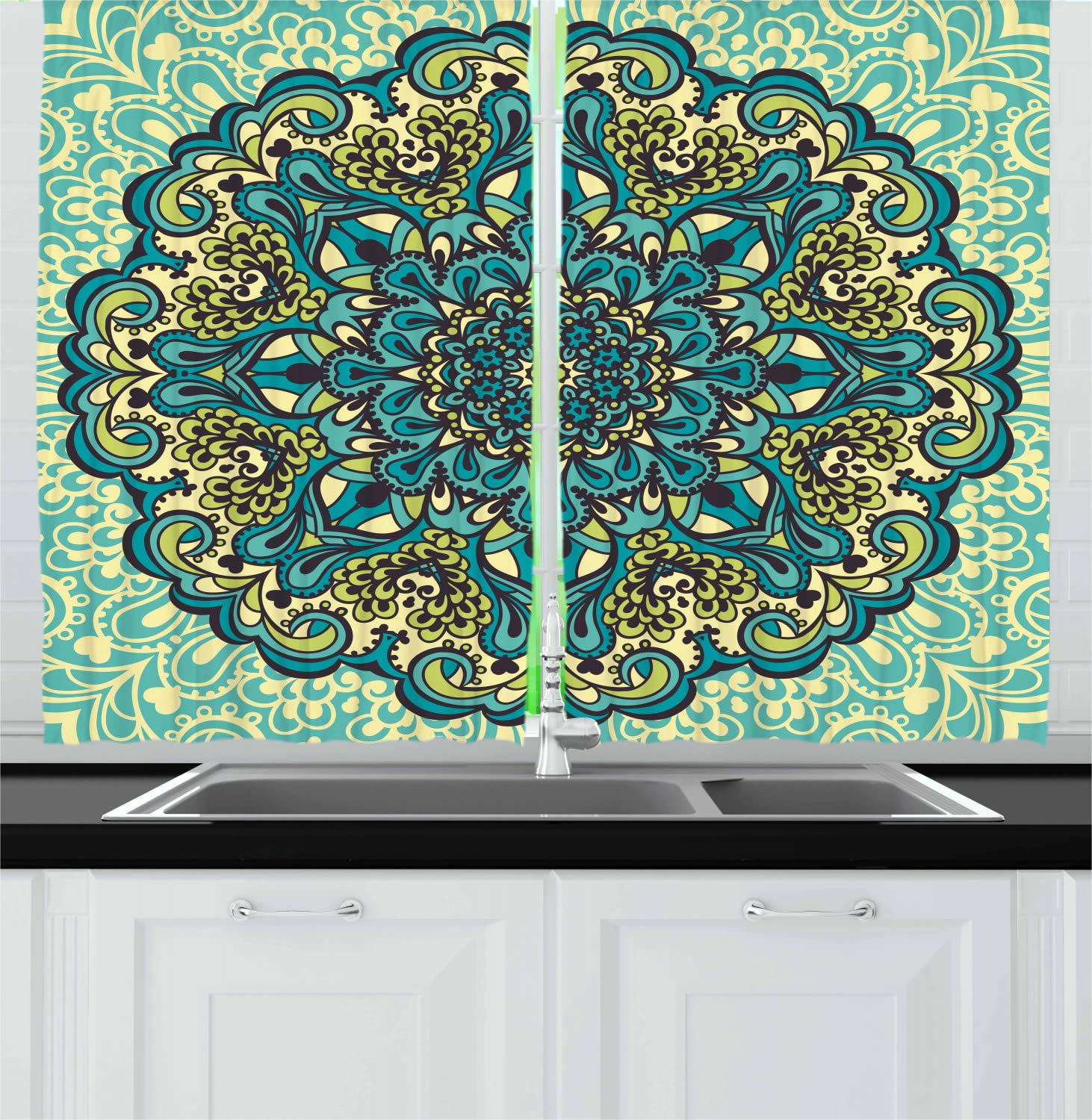 Ambesonne Ethnic Long Kitchen Curtains - Abstract Mandala Floral Design with Nature Elements, Vibrant Turquoise Teal & Pale Yellow, 2 Panel Rod Pocket Drapes (55x45 inches) - Perfect for Boho Home Decor, Living Room & Dining Room Window Treatments